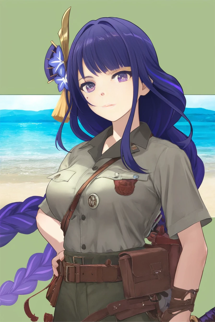 people,characters,copyright,style,general tags,rating,masterpiece,best quality,good quality,newest,
1girl,solo,<lora:IJA uniform-v3IL:1>,
outdoors,beach,sunlight,blue sky,sand,sea,
hand_on_hip,bag,green_background,weapon,pouch,shirt,shoulder_bag,sword,belt,collared_shirt,IJA Showa,IJA officer,short sleeve,open collar shirt,holding sword,holding katana,katana,
raiden shogun,long_braid,mole_under_eye,purple hair,long hair,large breasts,holding katana,expressionless,
braid,braided ponytail,mole,single braid,sidelocks,
