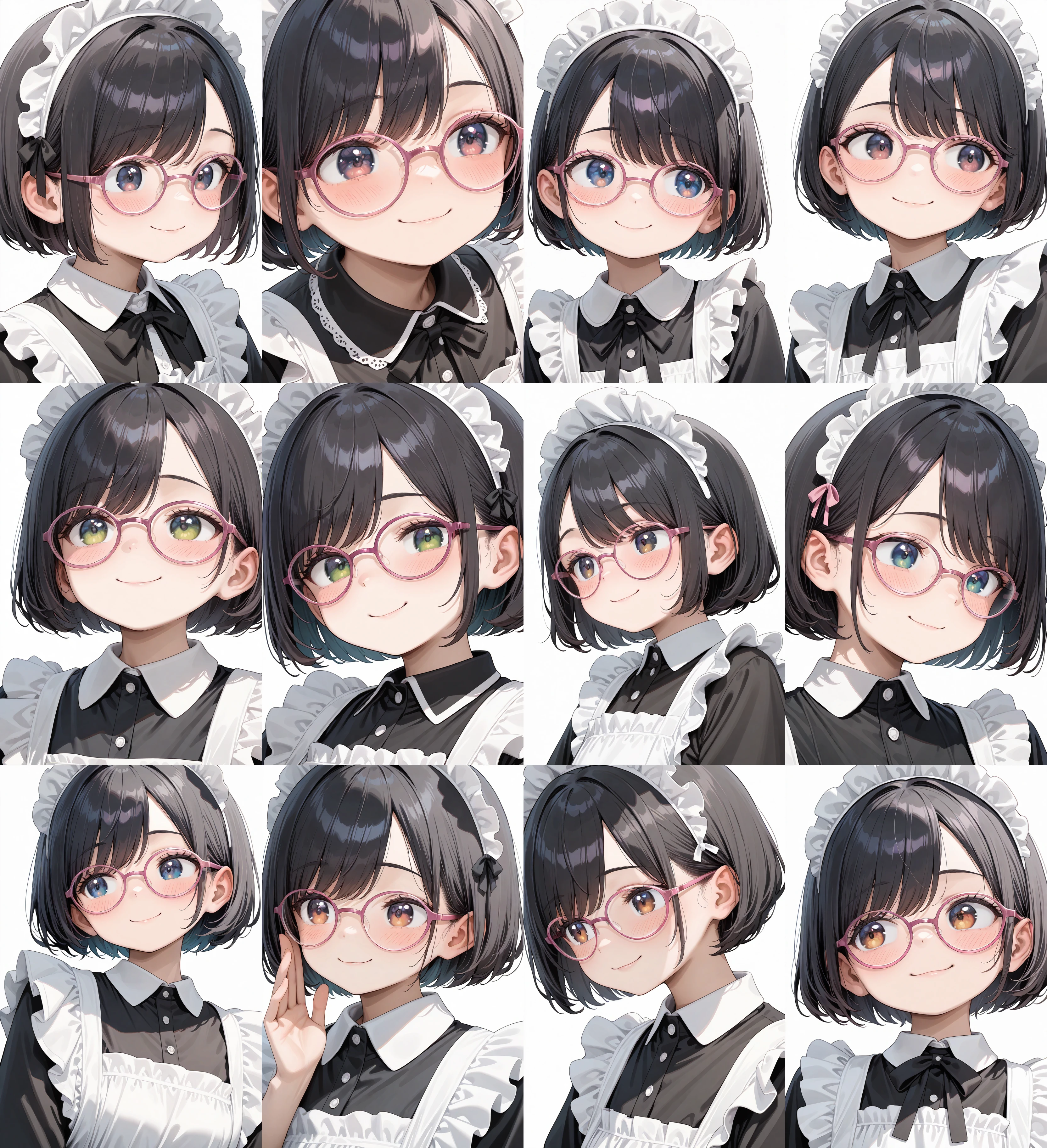 g-boston19s, glasses, pink-framed eyewear, eyewear,
1girl, solo, black hair, bob cut, swept bangs, maid headdress, maid dress, maid apron, smile, blush, looking at another,
simple background, white background, portrait, upper body,
masterpiece, best quality, amazing quality, very aesthetic, absurdres,
<lora:glasses_boston19s_Illustrious_V1L:1>