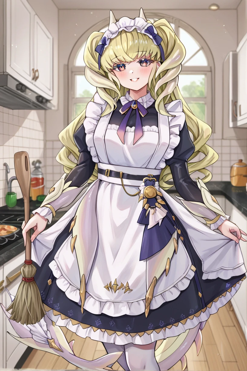 <lora:Ladys_Dragonmaid_Yugioh-000003:0.8> ladys_dragonmaid, yellow hair, purple eyes, maid outfit, , dragon horn, dragon tail, holding broom, kitchen, <lora:Pony_QualityV4.0:1.12> zPDXLxxx, zPDXLrl, zPDXL3