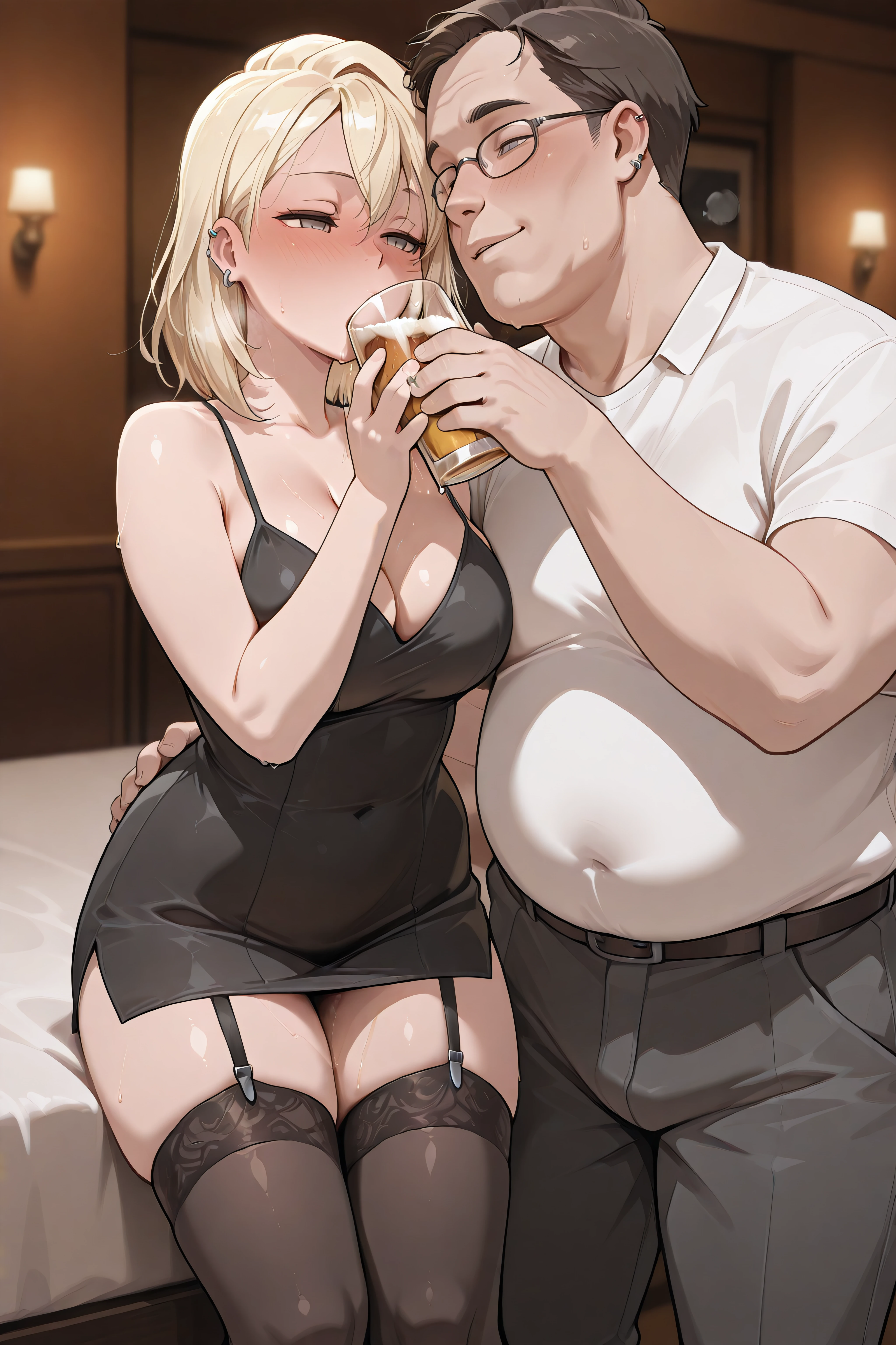 masterpiece, best quality, <lora:Nagisa-Illustrious-lora-Faxtron:1> nagisa, grey eyes, blonde hair, medium hair, large breasts, dark skin, ear piercing, black dress, garter straps, thighhighs, <lora:forced_to_drink_illustrious:1> frcdtdrnk, forced to drink, holding cup, drinking glass, beer, drinking, alcohol, drunk, couple, old boy, pants,