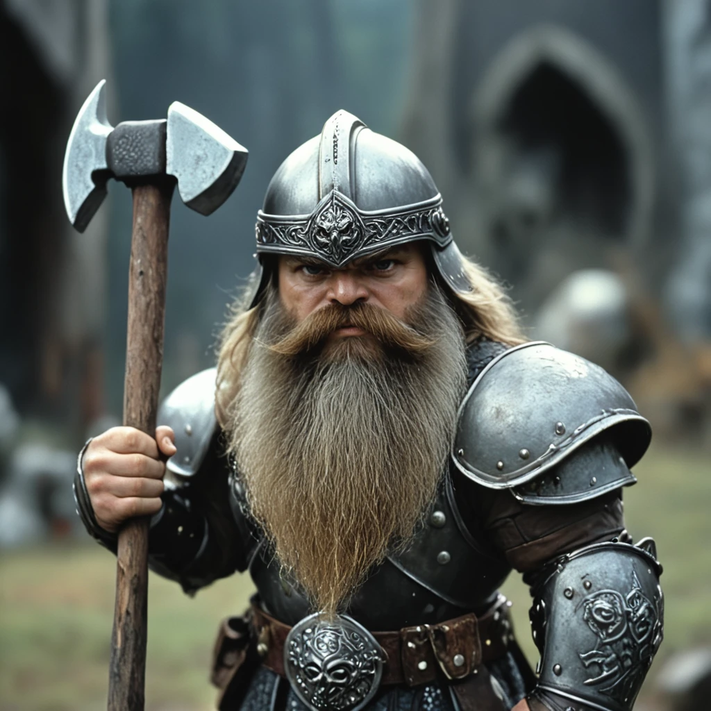 <lora:80sFantasyMovieV3SDXL:1> ArsMovieStill, 80s Fantasy Movie Still, The image shows a man with a long beard and a helmet holding a hammer in his hand standing in a blurry background., 1boy, armor, male focus, beard, hammer, helmet, facial hair, solo, weapon, holding