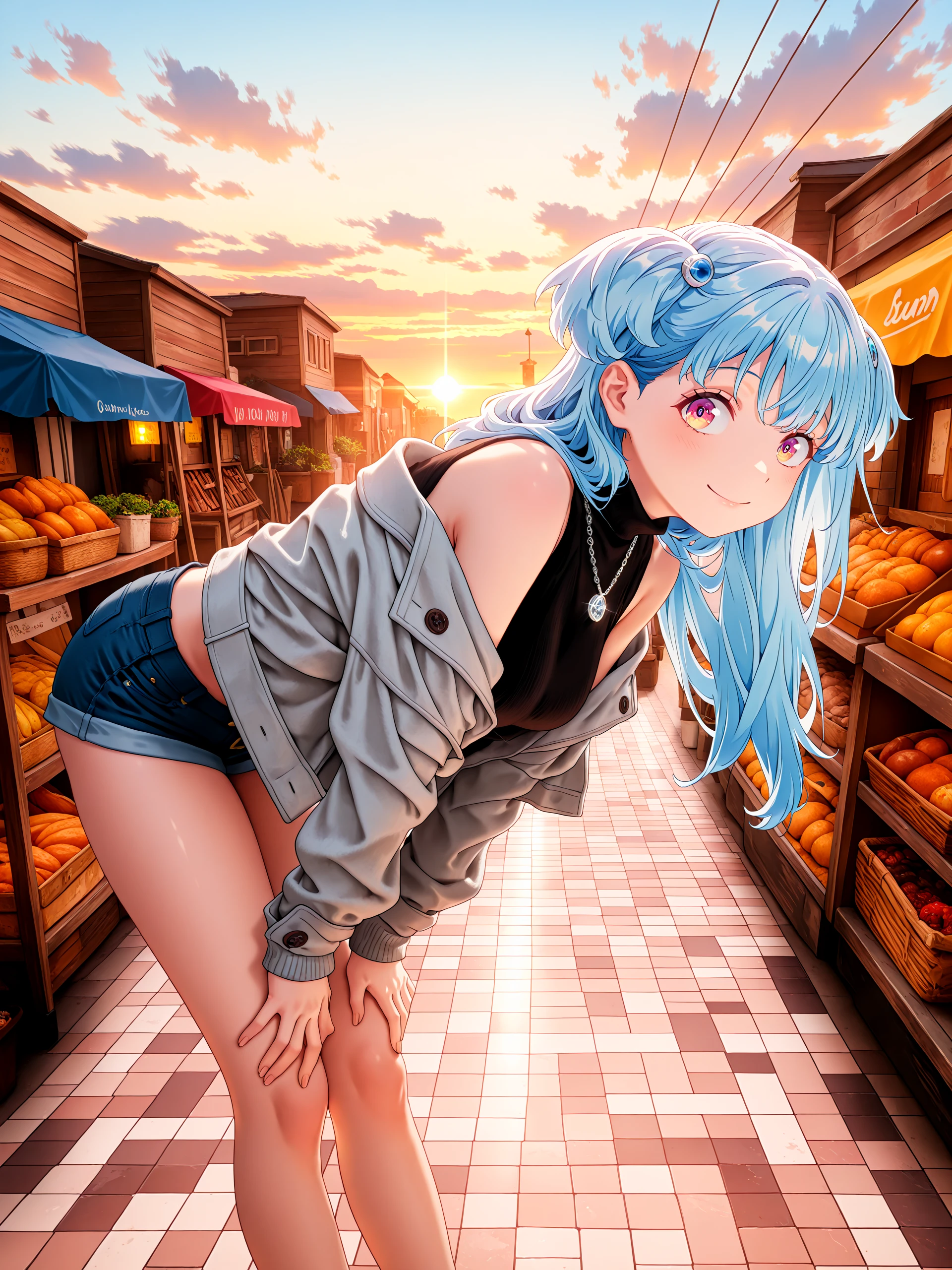 1girl, <lora:bell_sn50:1>, syuno, blue hair, hair ornaments, dark grey sweater, off shoulder sweater, silver necklace, gray jacket over shoulders, short shorts, looking, smile, side view, bent over, lookin,
volumetric lighting, beautiful lighting, walking in street, sunny, clouds, marketplace background, sunset,
high resolution, ultra-detailed, absurdres, masterpiece, best quality, good quality, newest