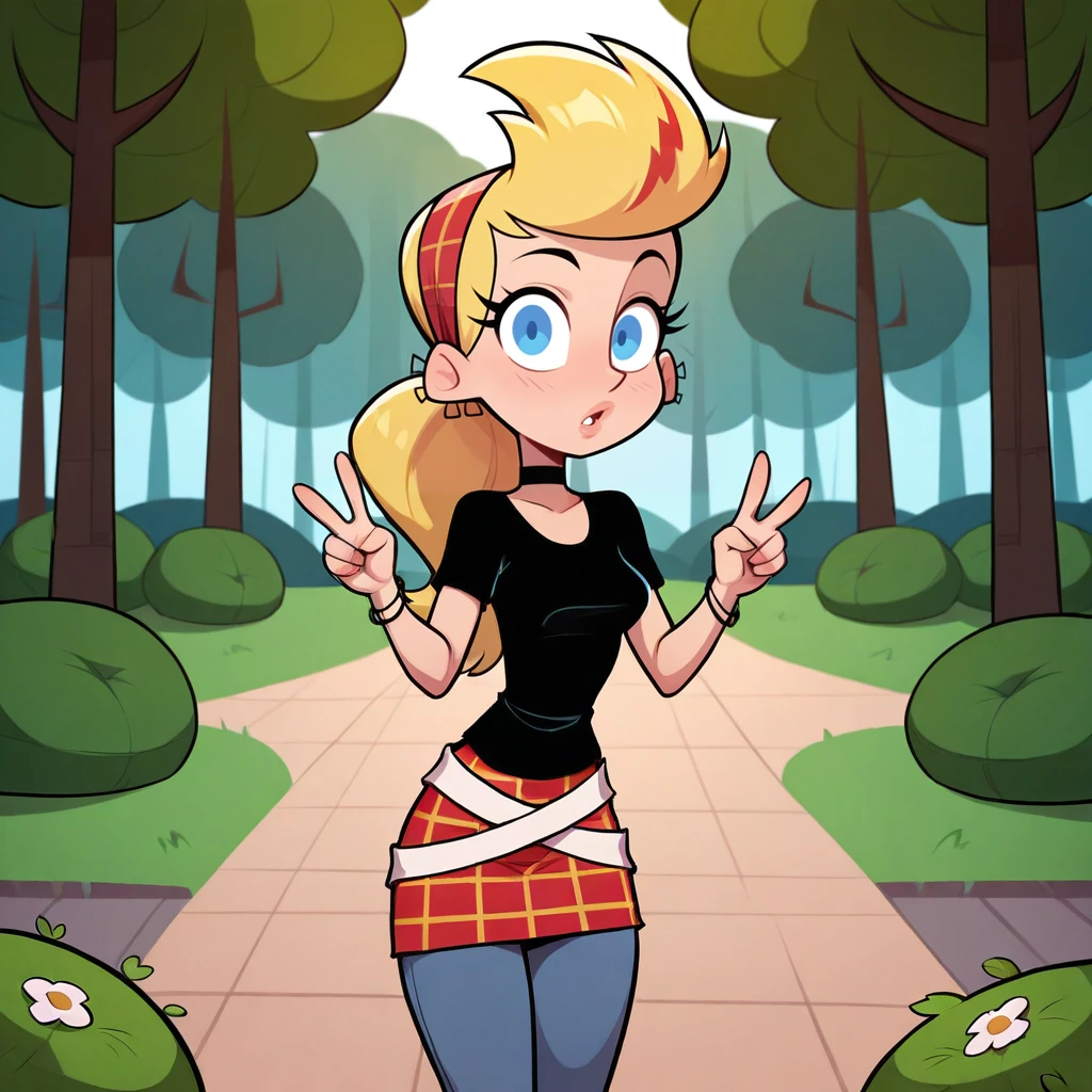 masterpiece, best quality, SissyBlakely, 1girl, solo, blue eyes, blonde hair, ponytail, hairband, black shirt, skirt, pants, cowboy shot, <lora:SissyBlakely_Illustrious_Leaf5:1>, forest, looking at viewer, double v,