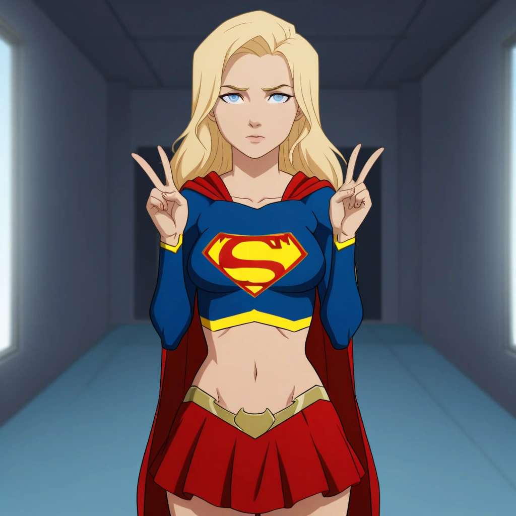 masterpiece, best quality, high quality, DCAMU, 1girl, solo, blonde hair, long hair, blue eyes, cape, skirt, midriff, supergirl, cowboy shot, double v, <lora:DCAMU_Style_illustrious_Leaf1:1>, screencap,