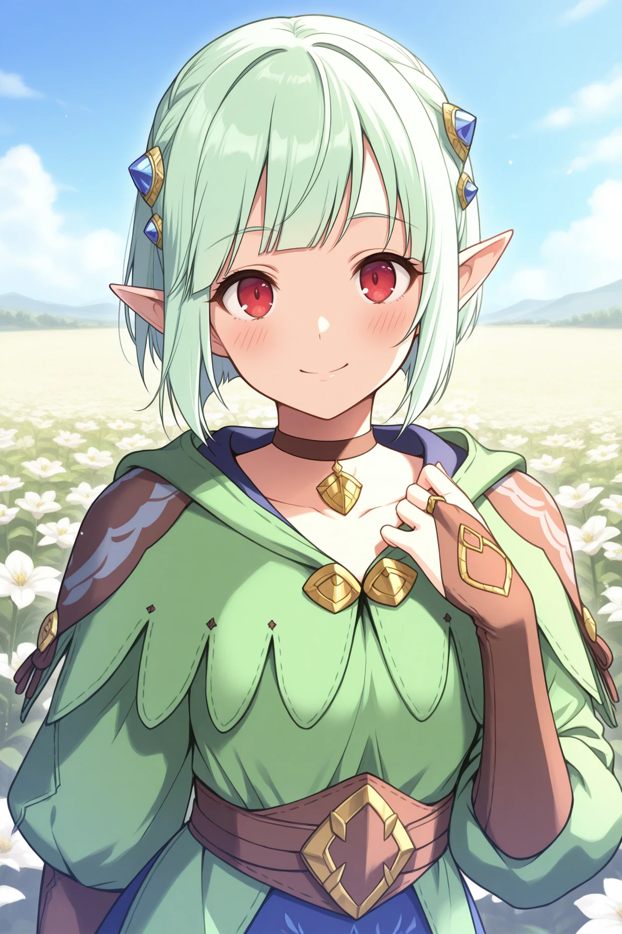 masterpiece, best quality, 1girl, solo, <lora:ena-illu-nvwls-v1-000005:1> mhsena, mint green hair, short hair, blunt bangs, pointy ears, red eyes, hair ornament, choker, green tunic, puffy long sleeves, brown belt, blue skirt, brown bridal gauntlets, brown boots, blue sky, looking at viewer, smile, blush, closed mouth, upper body, flowers, field