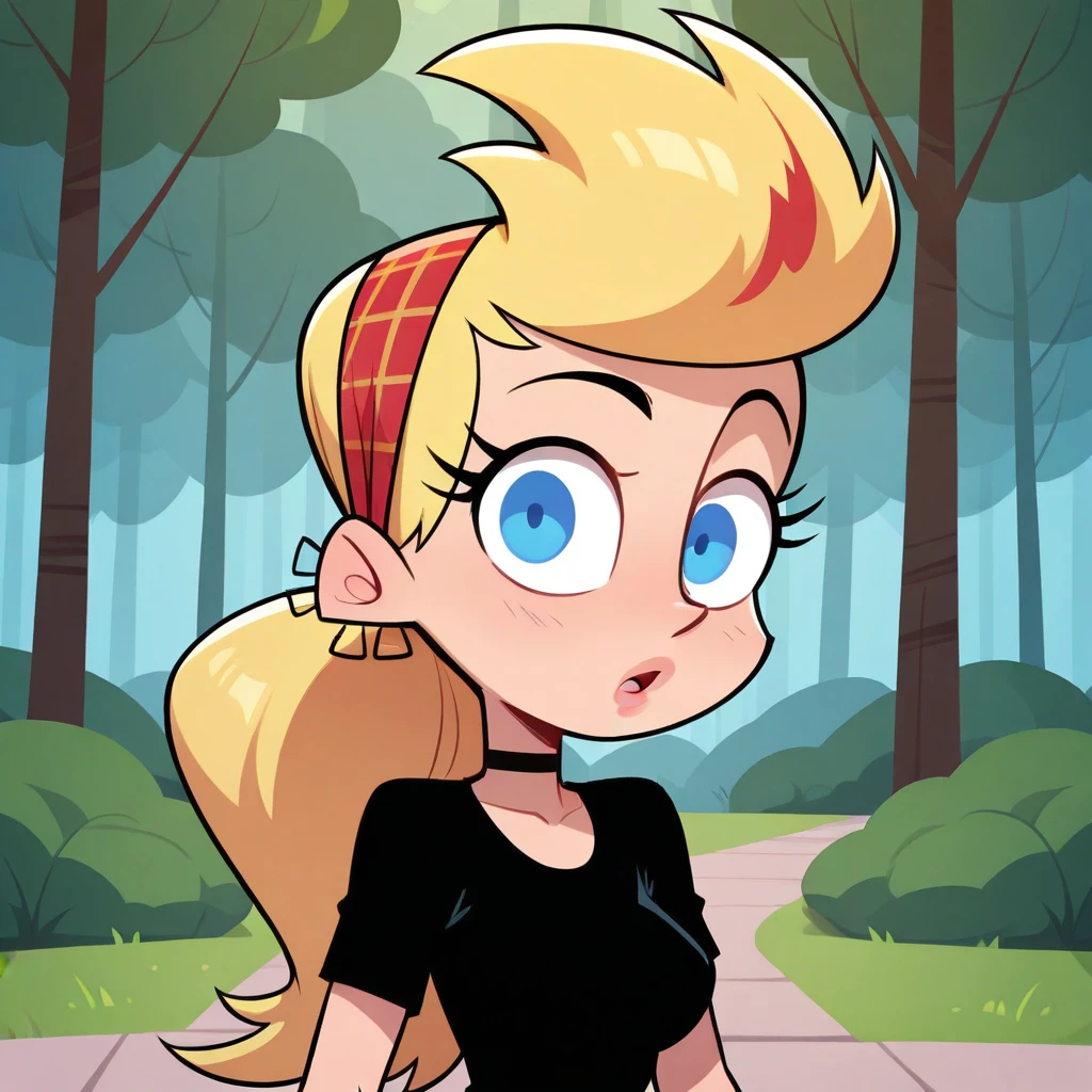 masterpiece, best quality, SissyBlakely, 1girl, solo, blue eyes, blonde hair, ponytail, hairband, black shirt, upper body, <lora:SissyBlakely_Illustrious_Leaf5:1>, forest, looking at viewer,