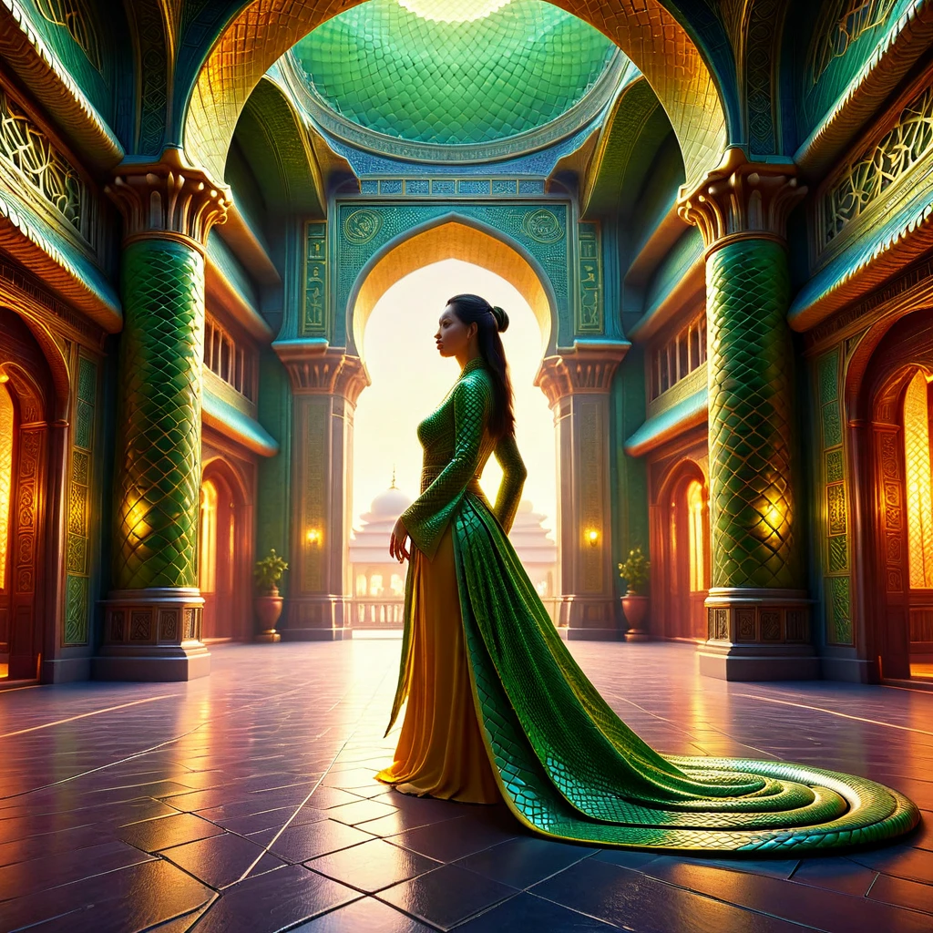 4k,anime,manga style, extremely detailed wide view of amazing scene everthing made of green and yellow snake skin, woman wearing chinese cloths, eqyptian mosque palace of light technology, dmt goddess, tim hildebrandt, bruce pennington, donato giancola, trending on artstation, cinematic composition, beautiful lighting, hyper detailed, 8 k, oil on canvas, (HD, masterpiece, best quality, hyper detailed, ultra detailed),amazing, MJ52_v2.0Midjourneymimicsdxl, add-detail-xl, traditional_chinese_clothes_sdxl-000006, hand 5.5, sn4ke<lora:sdxl\Midjourneymimicsdxl\MJ52_v2.0Midjourneymimicsdxl.safetensors:0.55:0.55> <lora:sdxl\enhancment\add-detail-xl.safetensors:0.58:0.58> <lora:sdxl\mine\traditional_chinese_clothes_sdxl-000006.safetensors:0.56:0.56> <lora:sdxl\hand 5.5.safetensors:0.54:0.54> <lora:sdxl\morph\sn4ke-sdxl.safetensors:0.75:0.75>