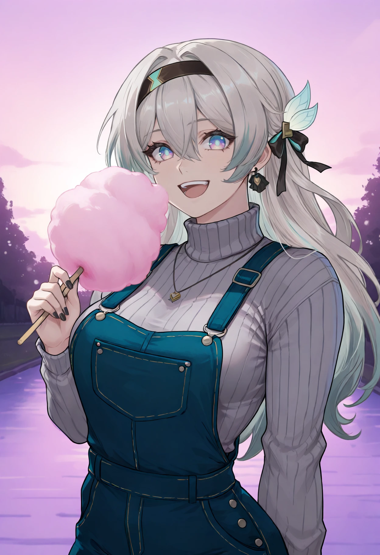 masterpiece, best quality, 1girl, solo, F1reflyHSR, blue pupils, purple eyes, blue eyes, grey hair, multicolored hair, long hair, black hairband, hair ornament, grey sweater, turtleneck sweater, overalls, necklace, earrings, black nails, holding cotton candy, outdoors, happy, looking at viewer, <lora:ChamFireflyIllustriousXL:1>