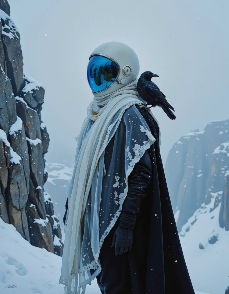 A mysterious astronaut stands shrouded in a delicate, translucent veil of frost. Their pale, almost translucent helmet glows softly in the dim light, and their dark raven-black space cape cascades behind them like a shadow. A small raven perches on their shoulder, its black feathers glistening with frost, matching the icy surroundings. The astronaut stands on a snow-covered cliff overlooking a frozen alien landscape, their cold blue visor piercing through the frosty veil. The air is filled with swirling snow, and the atmosphere is both haunting and ethereal. The scene is detailed with a focus on the icy textures, sharp contrasts between light and shadow, and the mystical presence of the astronaut and raven, head and shoulders portrait. <lora:Hocus_Pocus:1>