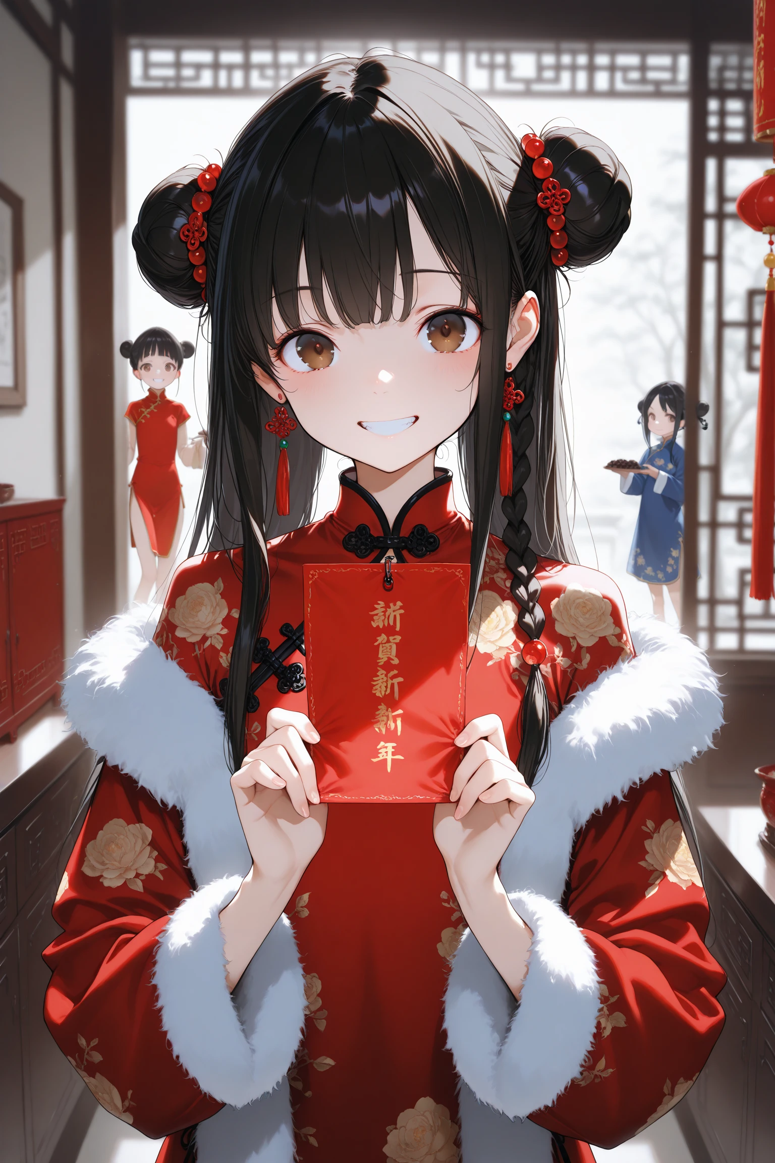 masterpiece,best quality,amazing quality,very aesthetic,absurdres,newest,(choco (chocolate shop):0.5),(Yomu:0.5),(chiaroscuro:0.5),(WANKE:0.5),(yunsang:0.5),(ningen mame:0.5),(ke-ta:0.5),(yoneyama mai:0.5),1girl,chinese clothes,solo,dress,double bun,smile,jewelry,brown eyes,looking at viewer,holding,black hair,hair bun,chinese new year,earrings,blurry,china dress,fur trim,hair ornament,long hair,long sleeves,bangs,indoors,red dress,braid,blurry background,depth of field,teeth,upper body,female child,floral print,