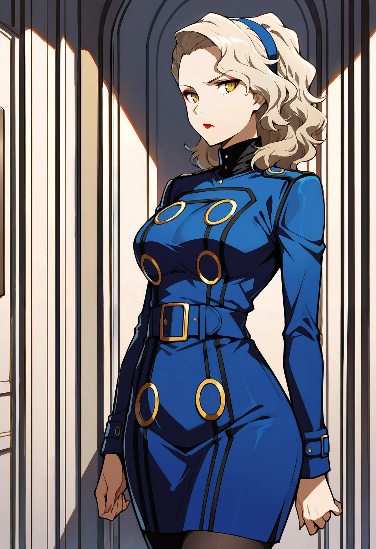 (masterwork, masterpiece, best quality, hyper-detailed :1.3), 
1 girl, solo,
p4margaret, yellow eyes, blonde hair, long hair, wavy hair, headband, lipstick, makeup, 
p4margaret_velvet, dress, long dress, pencil dress, blue dress, long sleeves, pantyhose, black pantyhose,
cowboy shot, looking at viewer, annoyed, side view,