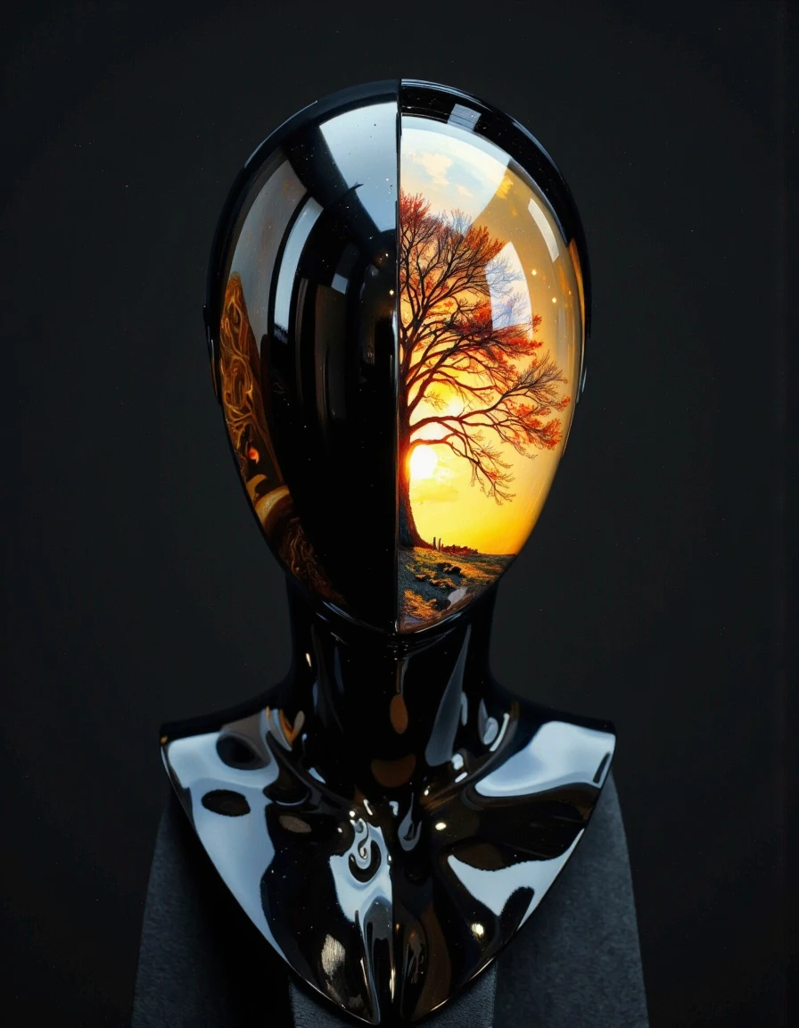 A digital artwork, rendered in a hyper-realistic CGI style, featuring a surreal and abstract depiction of a human head. The central figure is a stylized, almost robotic humanoid head with a glossy, dark, almost black surface that reflects and refracts light, giving it a sleek, metallic appearance. The head is split vertically, with the upper half forming a hollow, transparent, and reflective dome. Inside this dome, a stunning, glowing image of a tree with a fiery, orange-yellow aura is visible, creating a stark contrast to the dark outer surface. <lora:Hocus_Pocus:0.9>