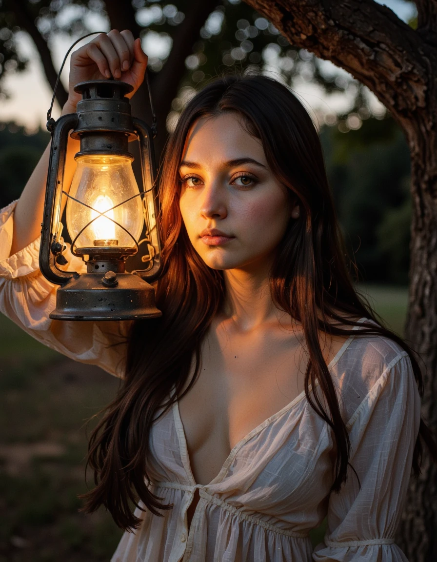 A photograph taken during twilight, capturing a serene, mystical moment. The scene features a young woman with a fair complexion and long, wavy brown hair, which cascades over her shoulders. She is holding a vintage lantern with a glowing, warm light that casts a soft, golden hue on her face and the surrounding environment. The lantern is old-fashioned, made of metal with a glass chimney, and she holds it with her right hand, slightly raised. <lora:Hocus_Pocus:0.9>