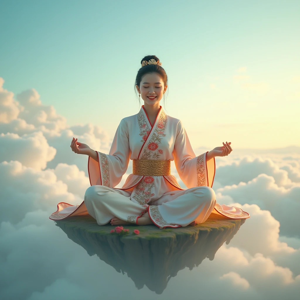 4k, extremely detailed wide view of amazing scene with detail, realistic, photo quality, woman wearing Chinese clothes floating in the air mediating over an island in the clouds, beautiful smile on her face, forward facing shot, side view shot,full shot, realistic, high quality, ultra detailed, colorful, abstract, fantasy