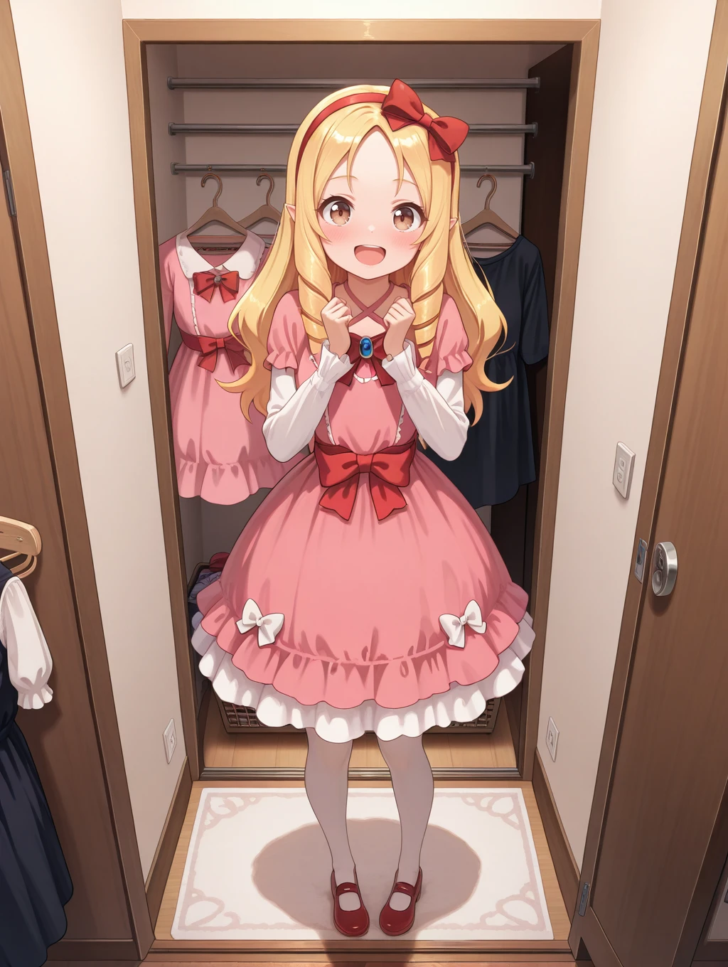 1girl, solo, very awa, masterpiece, best quality, amazing quality, very aesthetic, absurdres, standing, blush, happy,
<lora:YamadaElf--IL-V1:1> YamadaElf, long hair, hair bow, drill hair, dress, bow, blonde hair, red bow, pink dress, hairband, twin drills, brown eyes, long sleeves, pointy ears, white bow, white pantyhose, red footwear, mary janes, shoes, <lora:Walk-in_dressing_room:0.6> wldrr, scenery, wardrobe, walk-in closet, clothes hanger,