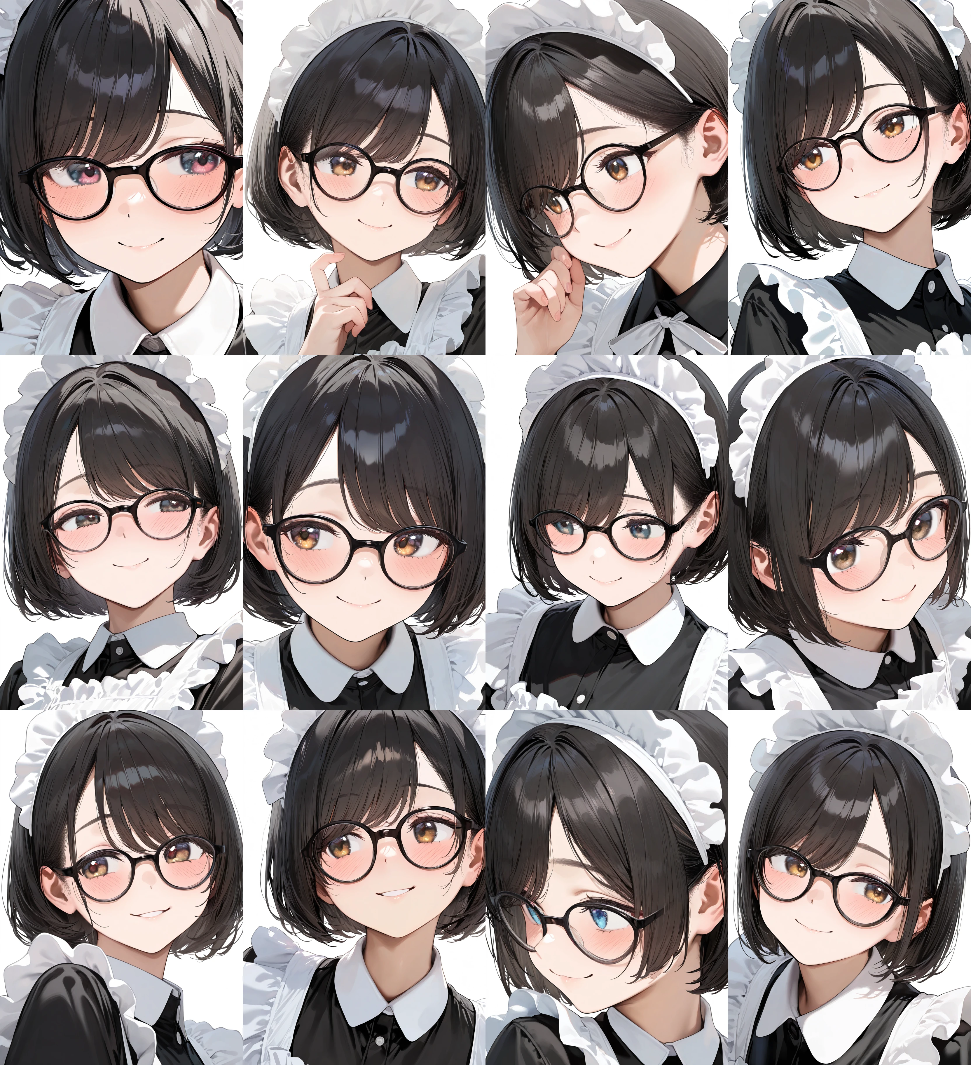 g-boston19s, glasses, black-framed eyewear, eyewear,
1girl, solo, black hair, bob cut, swept bangs, maid headdress, maid dress, maid apron, smile, blush, looking at another,
simple background, white background, portrait, upper body,
masterpiece, best quality, amazing quality, very aesthetic, absurdres,
<lora:glasses_boston19s_Illustrious_V1L:1>