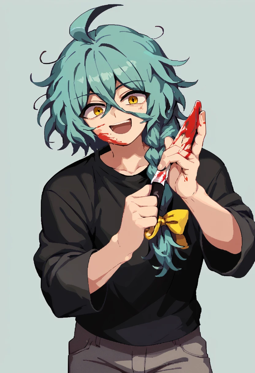 score_9, score_8_up, score_7_up, BREAK, source_anime, 1boy, solo, <lora:sptakorinStyleXLPony:1>, by Takorin, <lora:Ashe-10:0.8>, Ashe Bradley, yellow eyes, teal hair, side braid, ahoge, (messy hair), yellow hair ribbon, black shirt, long sleeved shirt, grey pants, holding knife in one hand, (face shadow), smiling, open mouth, showing teeth, ((blood on face)), simple background