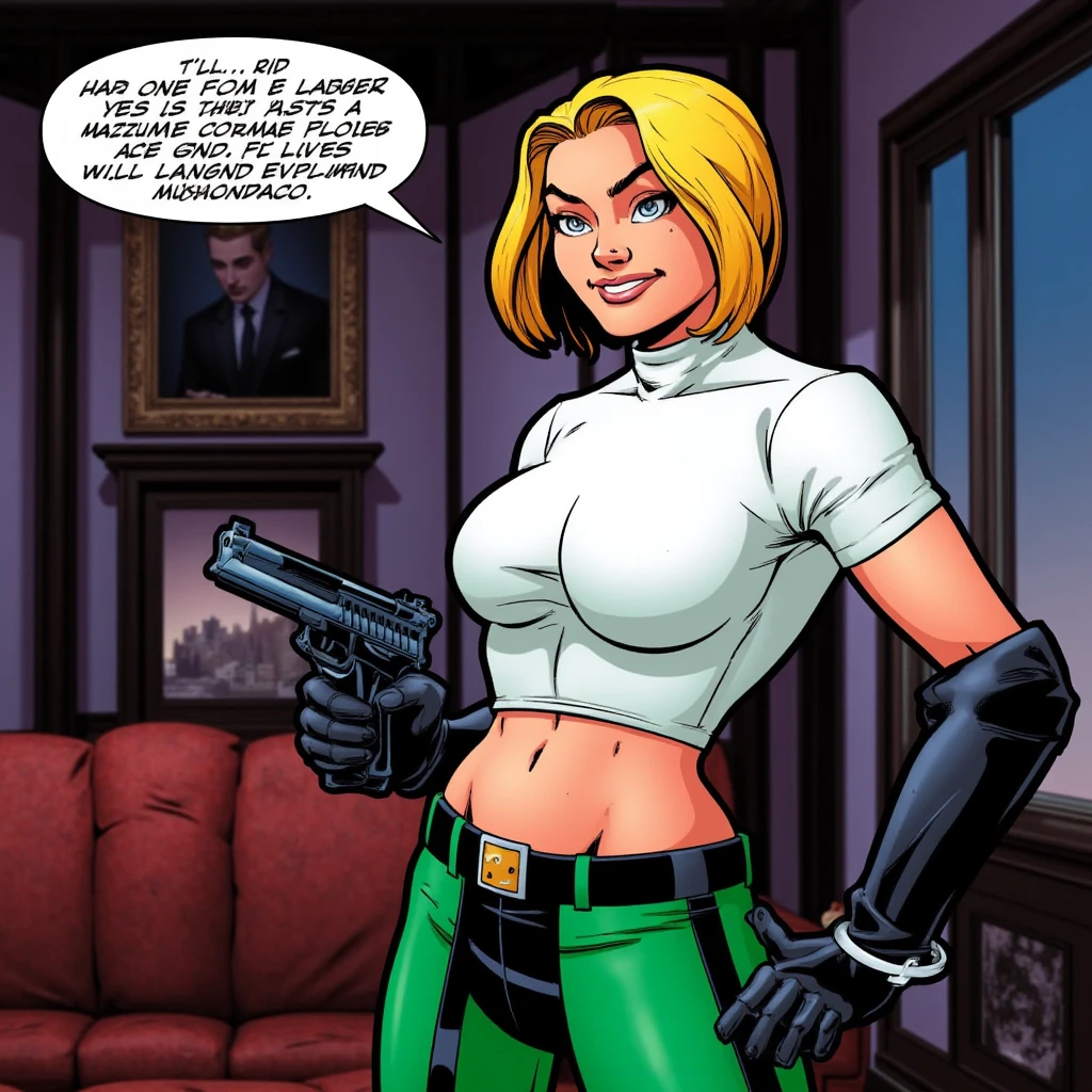 cinematic film still of <lora:cartoon Danger Girl style v1:0.8>
Natalia Kassle cartoon comic strip a mature blonde woman in a white shirt and green pants, perfect image, perfect body, perfect anatomy, high quality image, cinematic style, action style, solo, breasts, looking at viewer, smile, short hair, shirt, large breasts, blonde hair, gloves, navel, white shirt, black gloves, pants, indoors, belt, midriff, mole, english text, speech bubble, crop top, lips, hand on own hip, mole under eye, turtleneck, pointing, cuffs, taut clothes, holster, cropped shirt, handcuffs, weapon, gun, makeup, chair, handgun, narrow waist, taut shirt, holstered, shoulder holster, standing, short sleeves, cowboy shot, couch, green pants, thigh holster, snap-fit buckle, shallow depth of field, vignette, highly detailed, high budget, bokeh, cinemascope, moody, epic, gorgeous, film grain, grainy