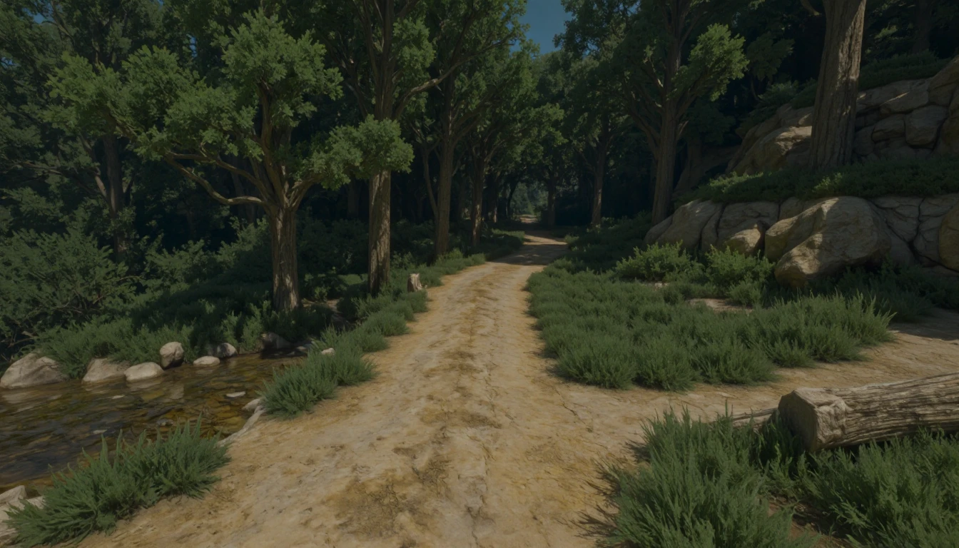 W3ATMST. The image is rendered in a digital painting style, commonly seen in older video games, characterized by its blocky, low-resolution appearance. It depicts a tranquil forest scene, viewed from a slightly elevated perspective. A winding dirt path bisects the frame, receding into the background between numerous trees. The trees, with their dark brown trunks and lush green foliage, dominate the landscape, creating a sense of enclosure and depth. On either side of the path, a shallow, meandering stream flows over smooth, rounded stones. A rocky outcrop on the right side adds a rugged element to the composition. The lighting in the image suggests a dappled sunlight filtering through the trees, creating highlights and shadows that define the forms of the landscape and add to the overall mood. A dead tree trunk in the lower foreground gives depth to the image. The overall atmosphere is one of peacefulness and seclusion, with a hint of mystery stemming from the dark, shaded areas within the forest. The combination of the pixelated style, the natural elements, and the soft lighting evokes a sense of nostalgia.