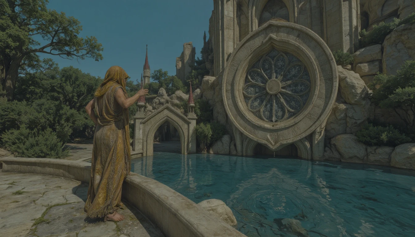 W3ATMST. macram style, knotted, fringed, textured, bohemian mystical oasis: a lone figure cloaked in shimmering silks, surrounded by lush greenery and towering sandstone formations, gazing up at a swirling vortex of stars and celestial bodies suspended above a tranquil pool of water.