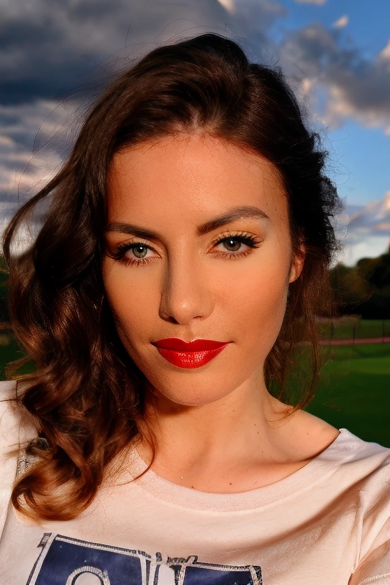 clanddi, raw photo, long hair, pretty face, lipstick, sharp focus, face focus, cute, waifu, t-shirt, <skinhairdetail> outdoors, blue sky, clouds, sunlight in hair