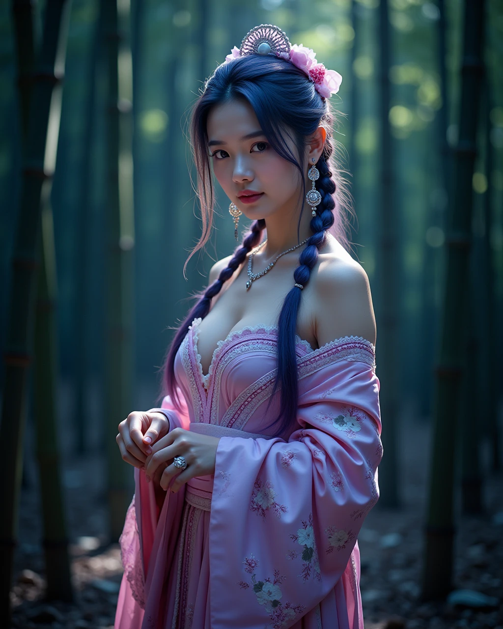 This is a portrait of a young woman set against a backdrop of bamboo forest, with the addition of a Tyndall effect that shines light delicately across her face and body and down her hair. The style remains influenced by historical East Asian art. The woman's clothing includes long robes adorned with high-detail embroidery, indicating traditional attire. Her gaze is directed away from the viewer, adding an air of mystery to her expression. Her hair, now blue and purple, cascades down her back in intricate braids adorned with jeweled accessories. Large wrist and finger jewelry complements the outfit, along with elegant earrings that match the headpiece. She stands gracefully, exposing one shoulder and accentuating her large breasts, which are subtly hinted at by the low-cut neckline of her robe. High-quality brushwork creates a masterful interplay between the diffused light and the intricate patterns on her robes. The Tyndall effect adds an ethereal touch to the scene, emphasizing her serene posture and graceful presence. High-resolution details reveal perfect anatomy, drawing the viewer in with its awe-inspiring beauty. The scene is centered, radiating an atmosphere of mystery as the subject's captivating pose fills the frame. The lighting is a combination of gel lights that cast a mystical, colorful glow over the scene, reminiscent of a Kodak Portra 400 film's vibrant and rich tones.
<lora:hinaFluxAsianMixLora_v4:0.7>
