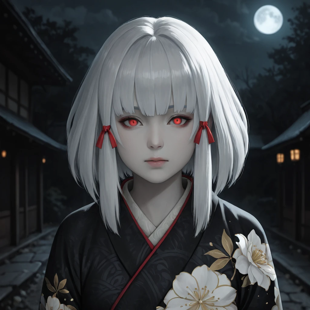 masterpiece, best quality, amazing quality, very aesthetic, high resolution, ultra-detailed, absurdres, newest, scenery, {Prompt}, BREAK, depth of field, masterpiece, best quality, amazing quality, very aesthetic, high resolution, ultra-detailed, absurdres, newest, scenery, Shiragiku\(FF\), 1girl, solo, short hair, bangs, blunt bangs, sidelocks, white hair, red eyes, red ribbon, hair ribbon, pale skin, small breasts, japanese clothes, black kimono, floral print, dark theme, dark, ghostly, night, moon, (face focus), beautiful eyes, detailed girl face