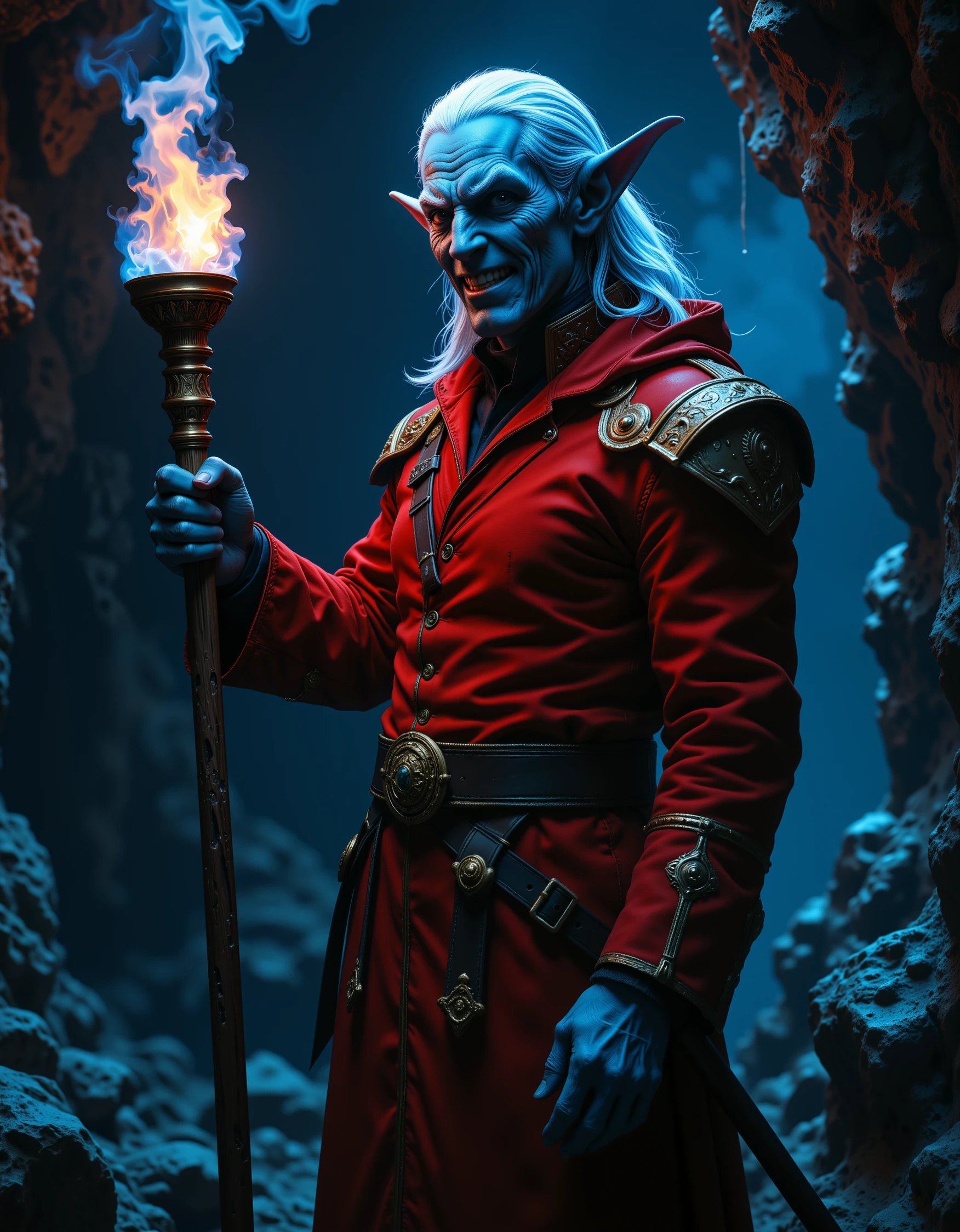 photograph of a tall slender man with blue tinted skin. He dwells in a very dark dimly lit cave. His robes are red with ornate golden trim. He grins menacingly. He is holding a torch with a blue and white flame. His hair is long and white. His ears are elflike, long, and pointy. Light diffuses through his large ears.