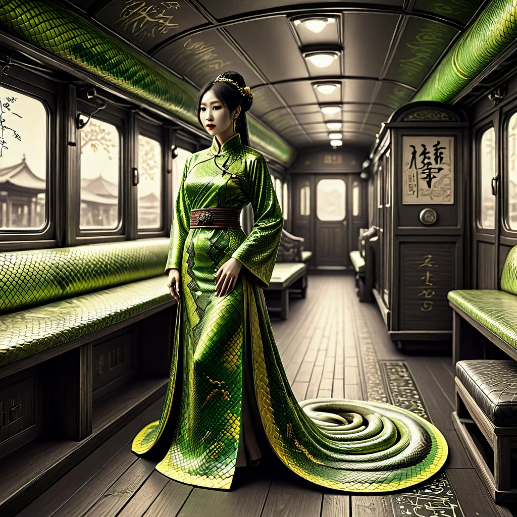 4k,anime,manga style, extremely detailed wide view of amazing scene everthing made of green and yellow snake skin, woman wearing chinese cloths, vintage style,sephia,vintage train,(sketch with notes:1.3),black and white, (HD, masterpiece, best quality, hyper detailed, ultra detailed),amazing, MJ52_v2.0Midjourneymimicsdxl, add-detail-xl, traditional_chinese_clothes_sdxl-000006, hand 5.5, sn4ke<lora:sdxl\Midjourneymimicsdxl\MJ52_v2.0Midjourneymimicsdxl.safetensors:0.55:0.55> <lora:sdxl\enhancment\add-detail-xl.safetensors:0.58:0.58> <lora:sdxl\mine\traditional_chinese_clothes_sdxl-000006.safetensors:0.56:0.56> <lora:sdxl\hand 5.5.safetensors:0.54:0.54> <lora:sdxl\morph\sn4ke-sdxl.safetensors:0.75:0.75>