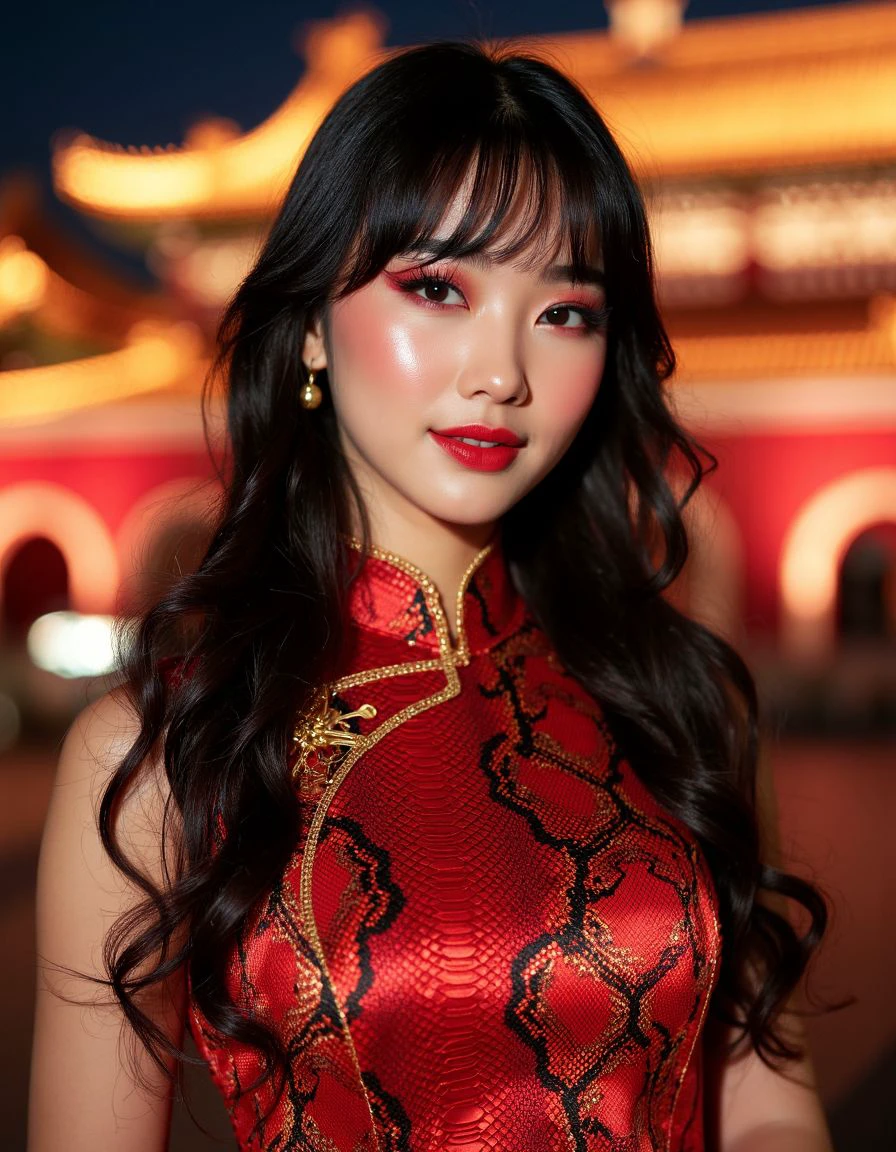 high resolution closeup portrait of a stunning asian woman, wearing a red snake skin pattern cheongsam, with golden details. the outfit texture mimics the look of a snake's skin, with scale pattern. she has long voluminous black hair with bangs, cascading down framing her face. she wears dramatic makeup with red eyeshadow and cherry lip gloss. she is standing in front of a beautiful Chinese palace, with a warm radiant smile on her face. the photo follows the rule of thirds, placing the woman as the centerpiece of the image. in the dark sky, there are subtle fireworks. the photo focuses on the woman's dress, accentuating it's snake skin texture and details. the image is warmly lit and high quality.  <lora:WorldMorph_SnakeSkin_Fantasy:0.4>,  <lora:ARTifacts:0.7>