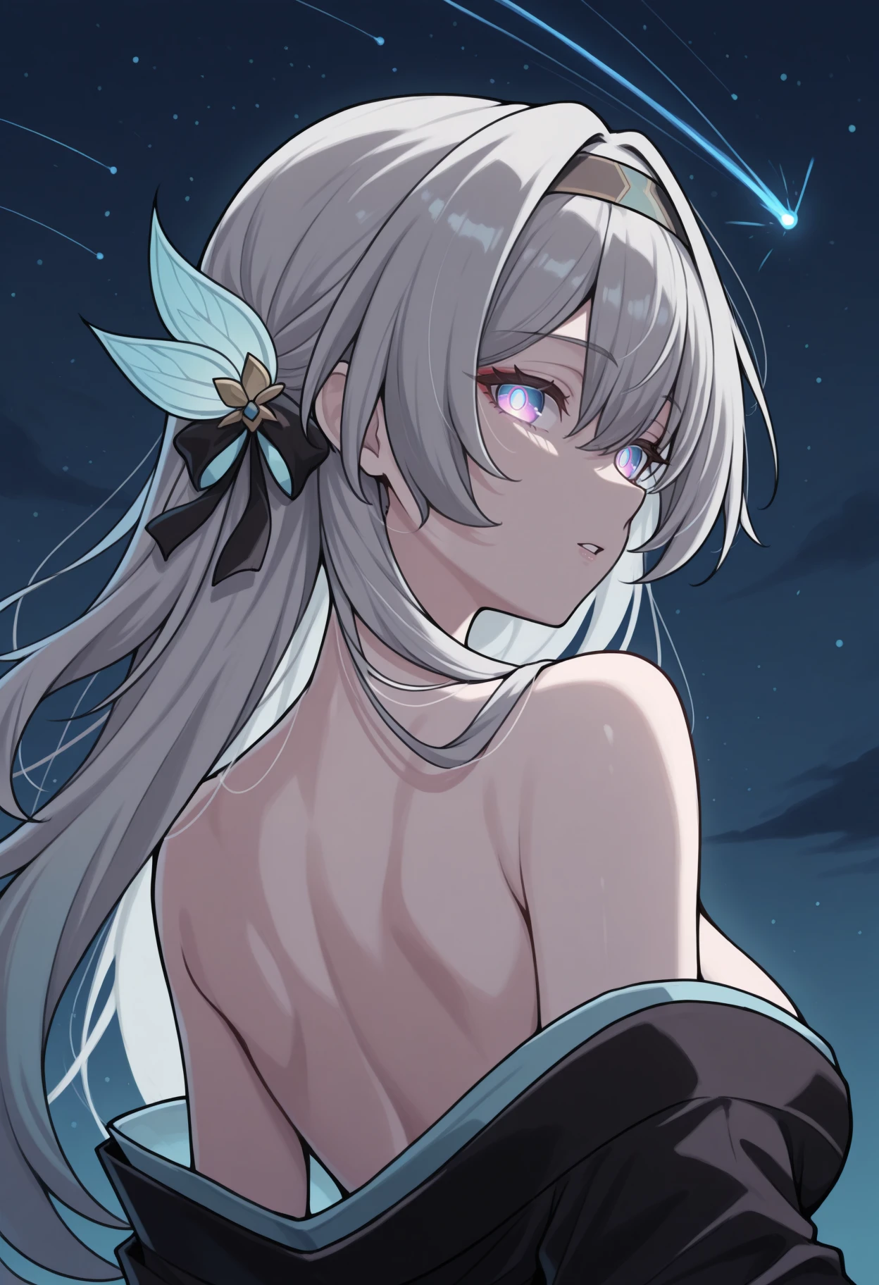 masterpiece, best quality, 1girl, solo, F1reflyHSR, blue pupils, purple eyes, blue eyes, grey hair, multicolored hair, long hair, black hairband, hair ornament, from behind, black kimono, off shoulder, shoulder blades, looking back, parted lips, night, dark theme, high contrast, glowing eyes, starry sky, shooting star, <lora:ChamFireflyIllustriousXL:1>