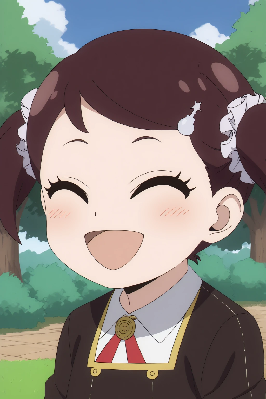 Becky Blackbell, outdoors, upper body, school uniform, happy, <lora:Spy_X_Family_-_Becky_Blackbell:0.8>