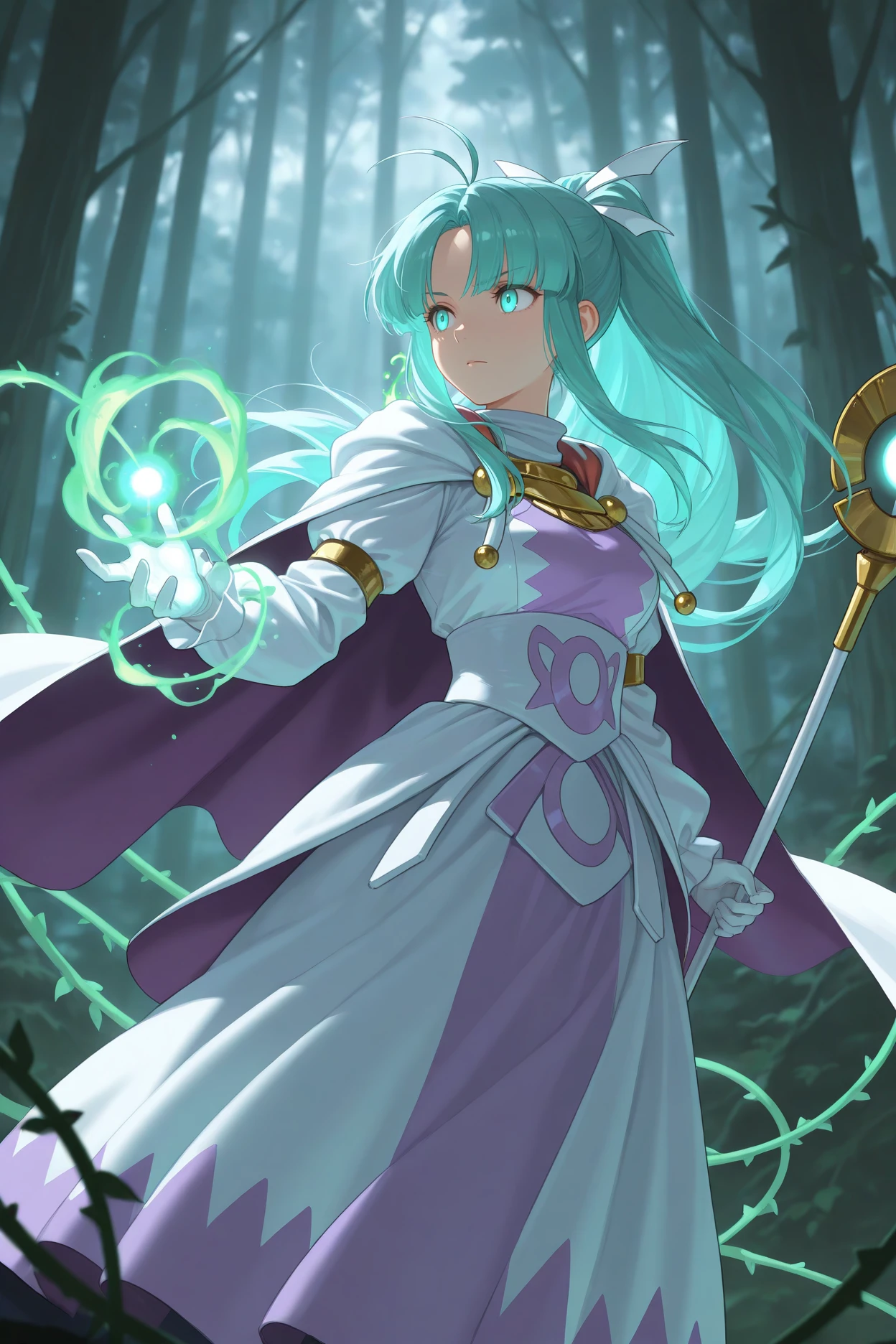 masterpiece, best quality, 1girl, solo, <lora:gsmia-illu-nvwls-v1-000005:1> m1a, aqua hair, parted bang, high ponytail, long hair, antenna hair, sidelocks, aqua eyes, hair ribbon, cape, two-tone dress, white and purple dress, long sleeves, long dress, white gloves, holding staff, casting magic, green magic, vines, forest, leaves, glowing, looking to the side, serious, closed mouth,