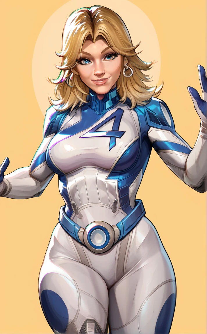 score_9, score_8_up, score_7_up, absurdres, w arms, :d, leg up, open hands, palms, smile, spread fingers, standing, standing on one leg, yellow background, <lora:PONYXL_MarvelRivalsSueStorm_ownwaifu:1>, BREAK PONYXL_MarvelRivalsSueStorm_ownwaifu, 1girl, blue belt, blue bodysuit, flipped hair, long legs, narrow waist, number print, skin tight, toned, two-tone bodysuit, white bodysuit, blonde hair, blue eyes, lips, long hair, jewelry, medium breasts, hoop earrings, nose, gloves, large breasts, superhero, earrings, blue gloves, parted bangs, multicolored clothes, bangs, pilot suit, white gloves, multicolored bodysuit, shiny hair, pink lips, thick eyebrows, thick thighs, turtleneck, covered abs, <lora:add-detail-xl:0.15>,