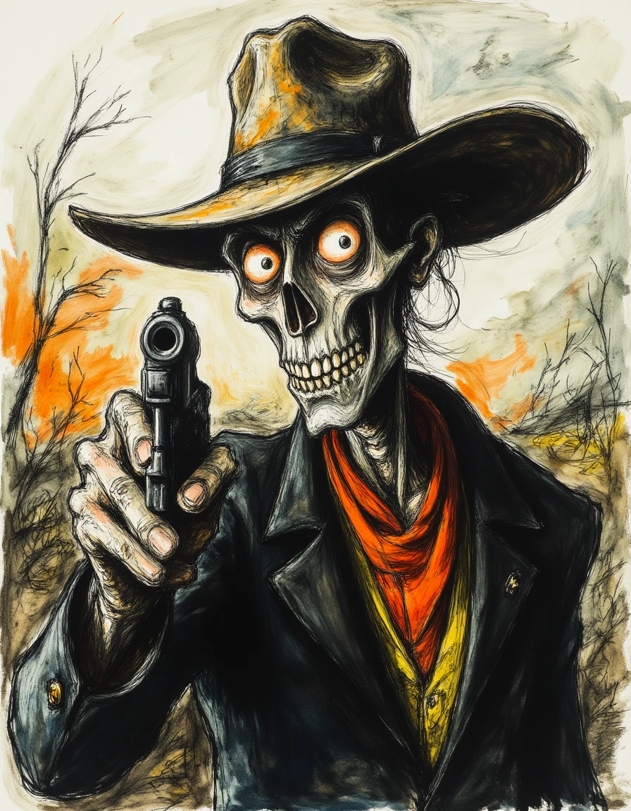c4r1c4t8r3 a skeleton cowboy pointing a gun to the viewer
<lora:Fun_Caricature:0.8>
