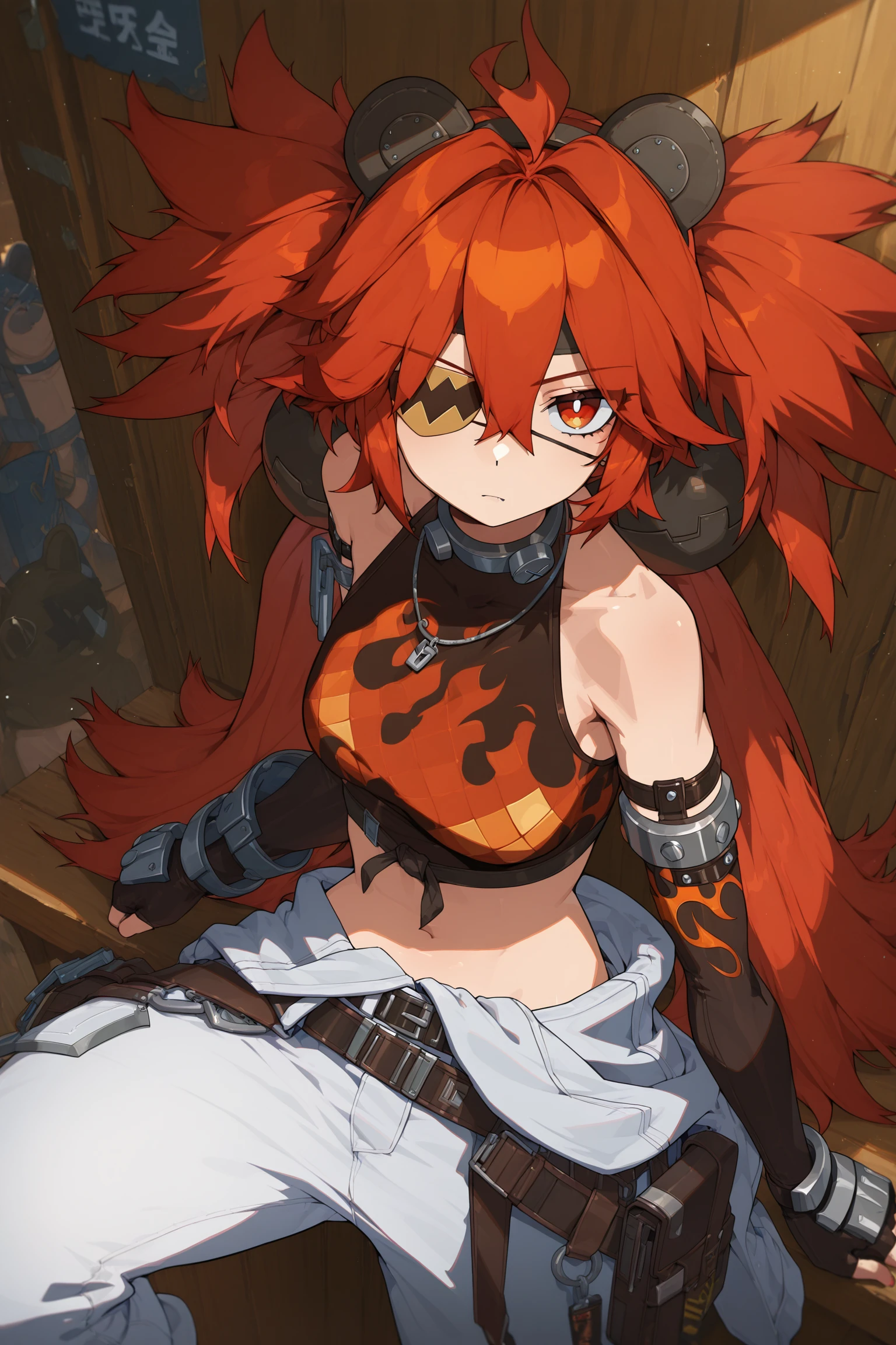 masterpiece, best quality,highres, 1girl ,<lora:KoledaBelobog:0.8>, tank top, hair ornament, clothes around waist, eyepatch, necklace, red hair, red eyes, white pants, black gloves, elbow gloves, fang, midriff, belt, fingerless gloves, collar, headband, koledabelobog, ,expressionless, looking at viewer
<lora:xmc_v0.3_noobai_cwhj:0.8>,<lora:illustrious_best_quality_v1:0.8>