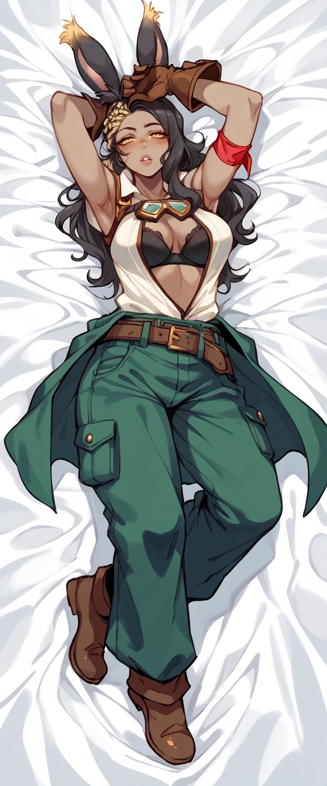 cahc1ua,cahc1uadrip,solo,long hair,braid,mole under mouth,black hair,multicolored hair,yellow eyes,dark skin,viera,mature female,
<lora:cahciuaPony:0.8>thick thighs,belt,green pants,open clothes,red armband,brown gloves,goggles<lora:DakimakuraConceptPXL:0.9>(full body),lying on bed,bed sheet,from front,above view,looking at viewer,white bed sheet,DakimakuraConceptPXL,arm up,blush,parted lips, score_9, score_8_up,score_7_up,score_6_up,<lora:spo_sdxl_10ep_4k-data_lora_webui:0.7>