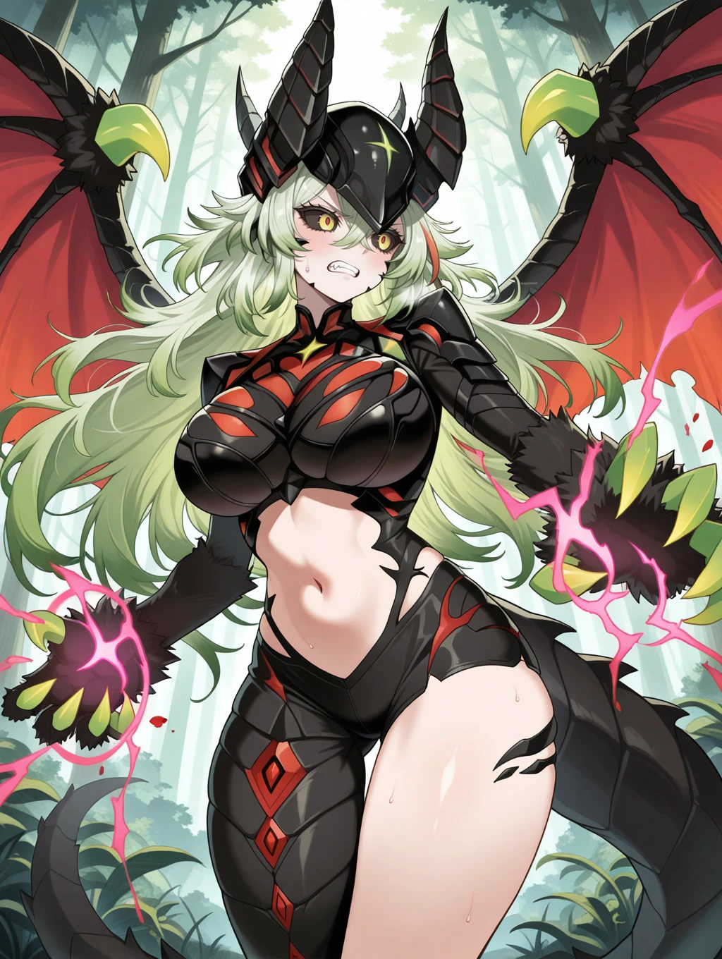 a drawing of a furry witch in costume, with devil wings and green hair, 1girl, breasts, solo, animal ears, chain, open mouth, long hair, large breasts, blush, hair between eyes, navel, looking at viewer