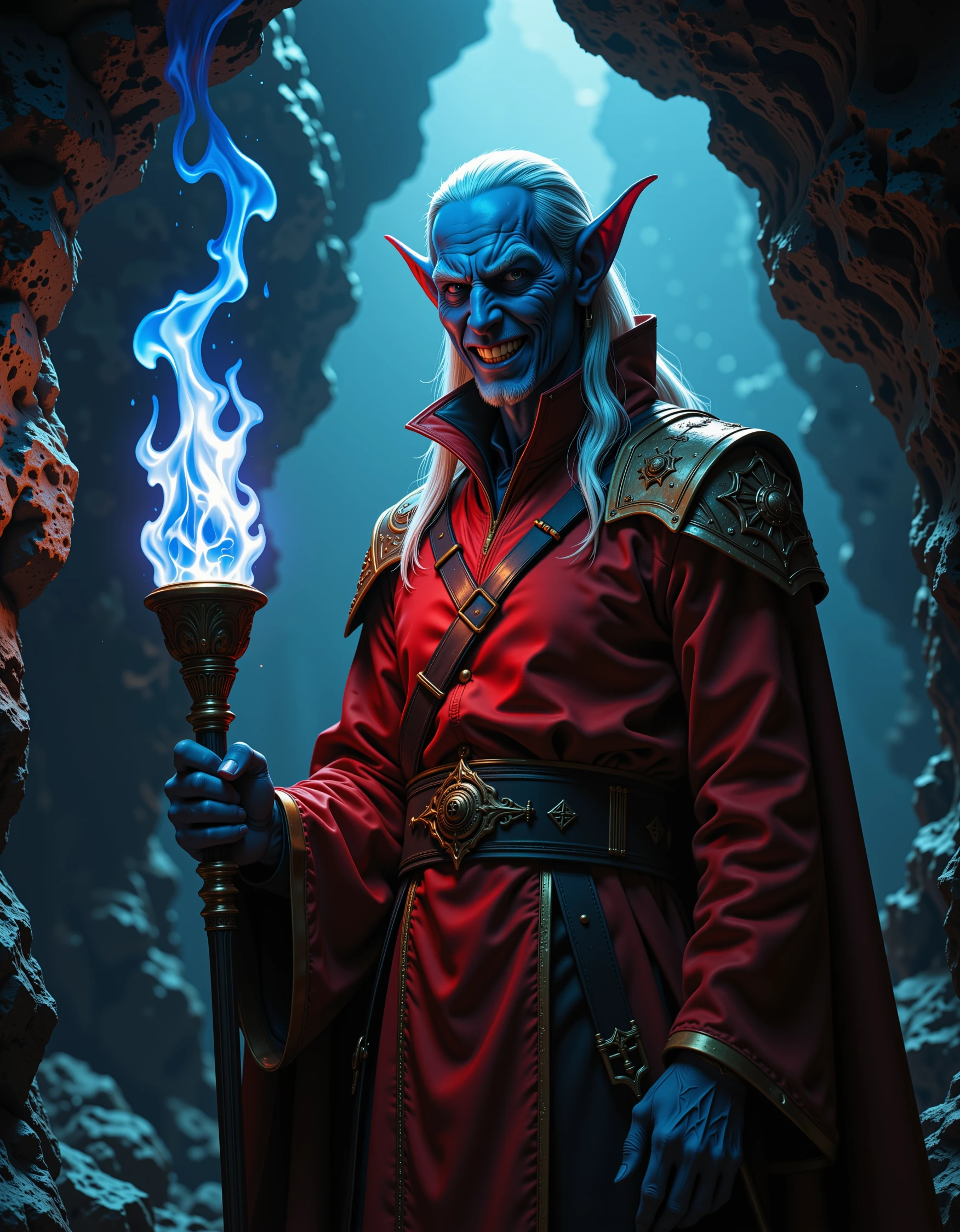 photograph of a tall slender man with blue tinted skin. He dwells in a very dark dimly lit cave. His robes are red with ornate golden trim. He grins menacingly. He is holding a torch with a blue and white flame. His hair is long and white. His ears are elflike, long, and pointy. Light diffuses through his large ears.