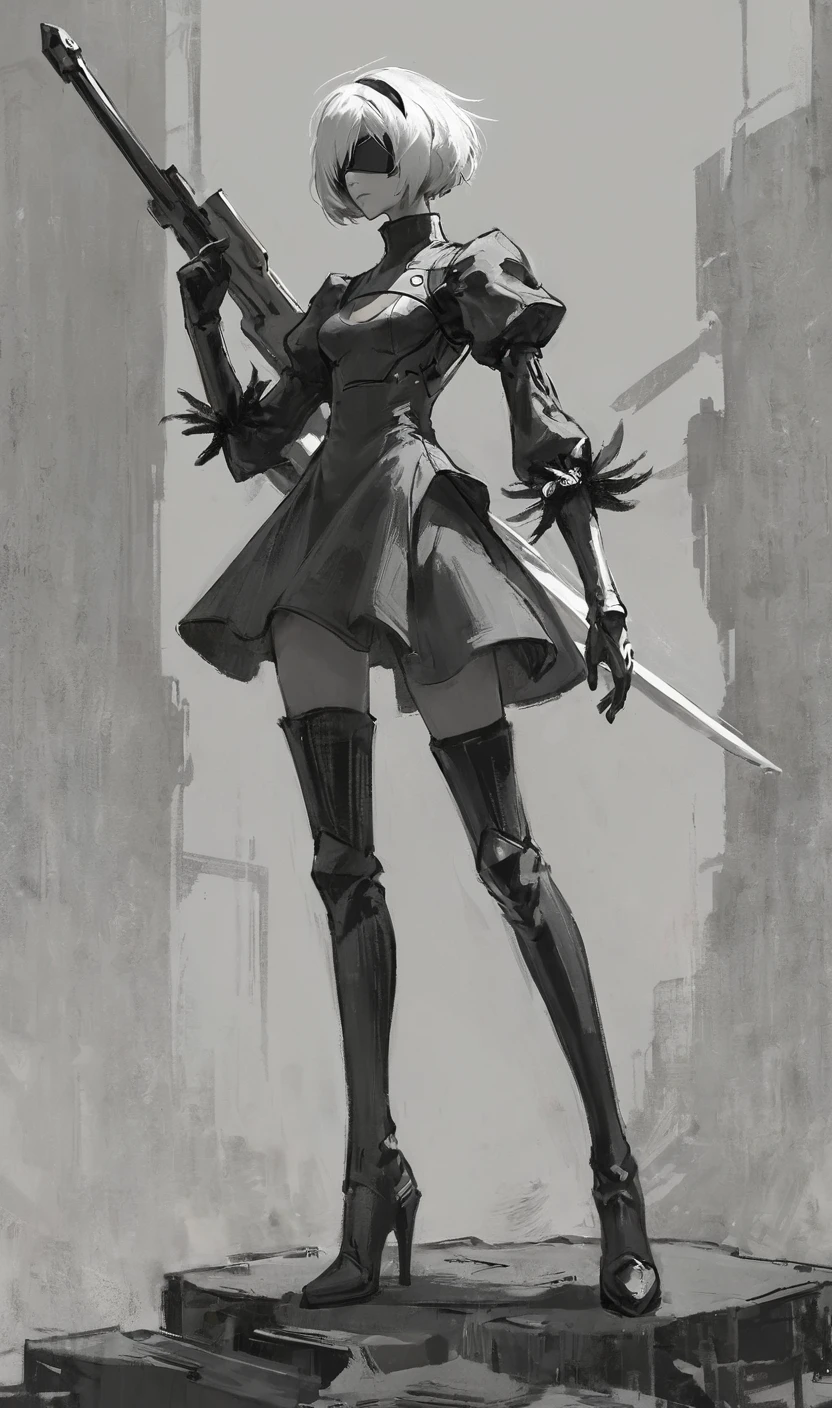 masterpiece,best quality,amazing quality,very aesthetic,absurdre BREAK
<lora:hs2b2SDXL1:0.8>, hs2b, a monochrome digital drawing of a slender, androgynous character with short hair, wearing a futuristic, armored outfit with a high collar, gloves, and thigh-high boots. the character is holding a large, complex weapon in their right hand. the background features a large, abstract, grayscale silhouette of a head, possibly a robot or alien. the drawing has a sketchy, rough texture, with bold lines and shading. the character has a serious expression and is standing in a dynamic pose. the style is reminiscent of concept art or character design for a science fiction or cyberpunk setting.