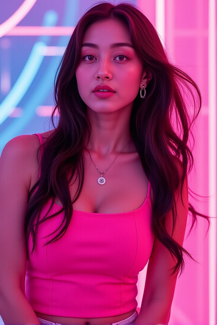 <lora:fluxx-jihyo:1> j!h,  masterpiece, best quality, a woman with long hair and a pink top is posing for a photo in a neon light with her hair blowing in the wind, Elina Karimova, soft lights, a hologram, private press