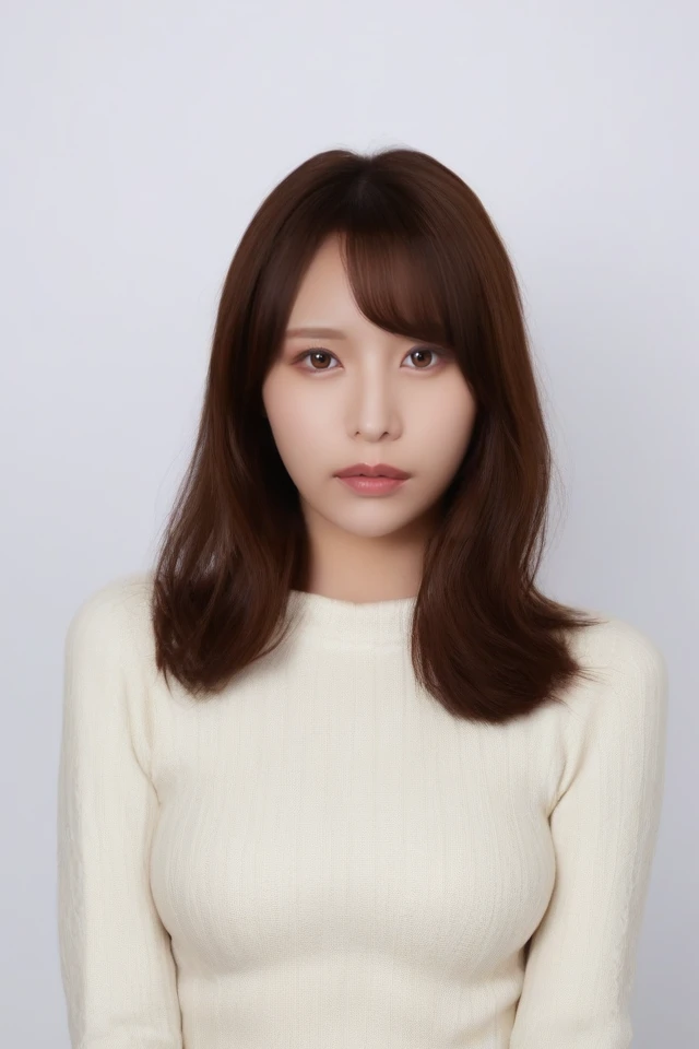 1girl,solo,brown hair,long hair,realistic,brown eyes,breasts,lips,sweater,medium breasts,simple background,looking at viewer,white background,<lora:PONY-Ito Maiyuki:1>,