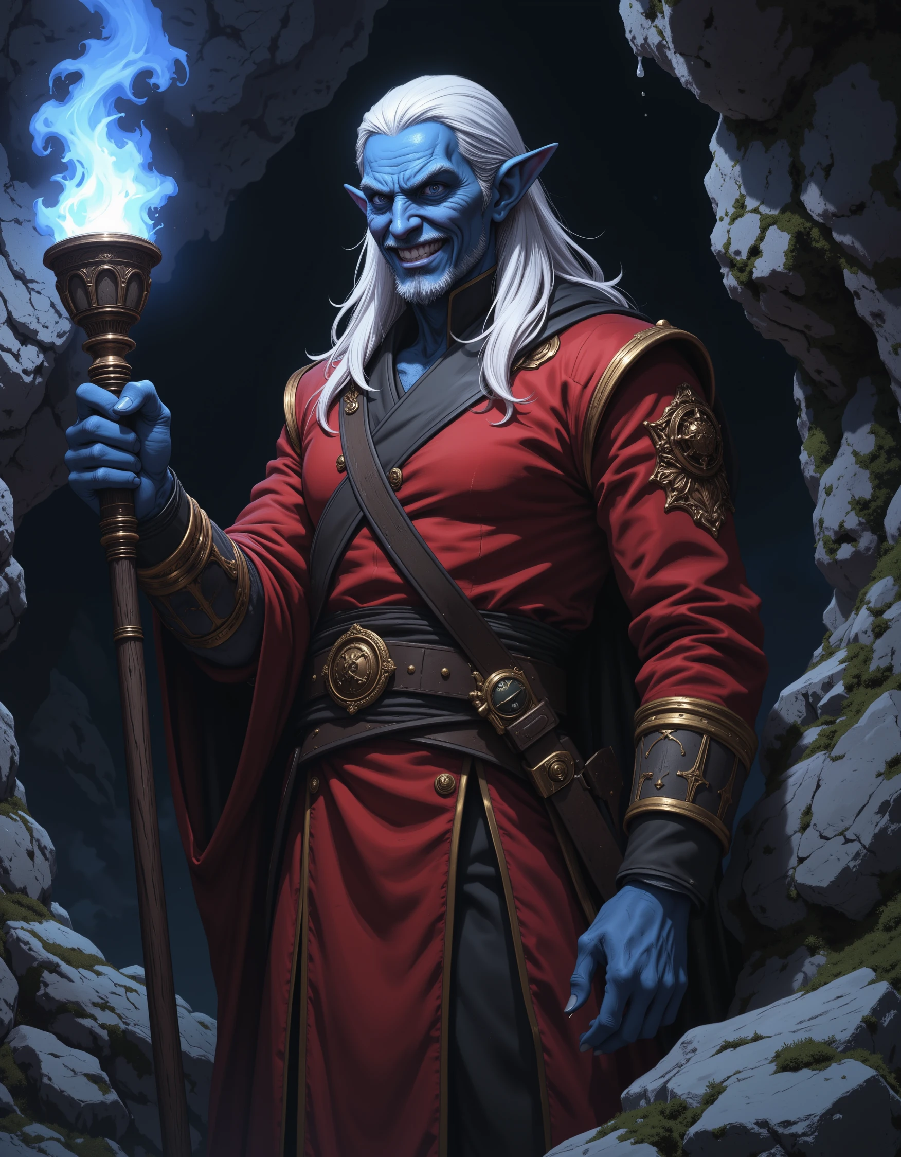 Finely detailed anime render of a tall slender man with blue tinted skin. He dwells in a very dark dimly lit cave. His robes are red with ornate golden trim. He grins menacingly. He is holding a torch with a blue and white flame. His hair is long and white. Edgy stylized anime, thick outlines, large glistening eyes. realistic. His ears are elflike, long, and pointy. Light diffuses through his large ears.