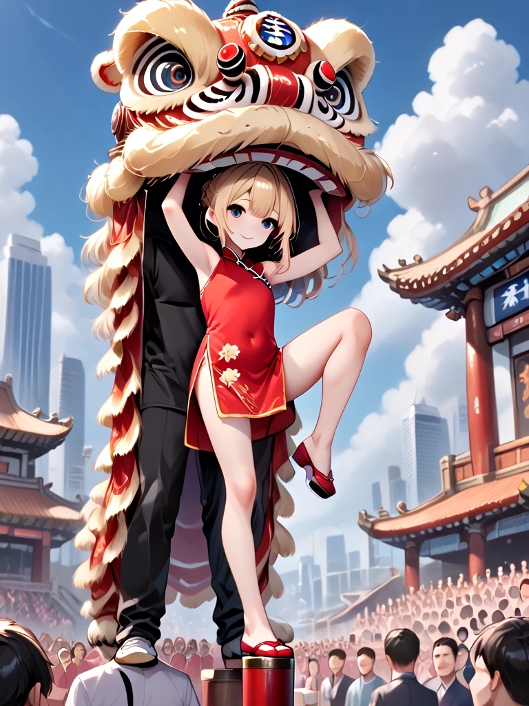 score_9, source_anime, lion dance, lifting person, wooden poles, stepping on poles, knee up, armpits, male focus, 1boy, 1girl, milf, smile, blonde hair, updo, red qipao, sleeveless dress, bare legs, sky, outdoors, crowd, people, audience, cityscape, chinese building, leg up, <lora:girllikeliondance_pony:0.8>