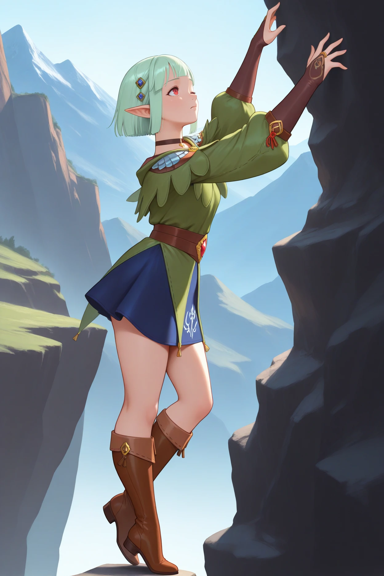 masterpiece, best quality, 1girl, solo, <lora:ena-illu-nvwls-v1-000005:1> mhsena, mint green hair, short hair, blunt bangs, pointy ears, red eyes, hair ornament, choker, green tunic, puffy long sleeves, brown belt, blue skirt, brown bridal gauntlets, brown boots, standing on tiptoe, cliff, from side, reaching up, rocks, wince, climbing, mountain