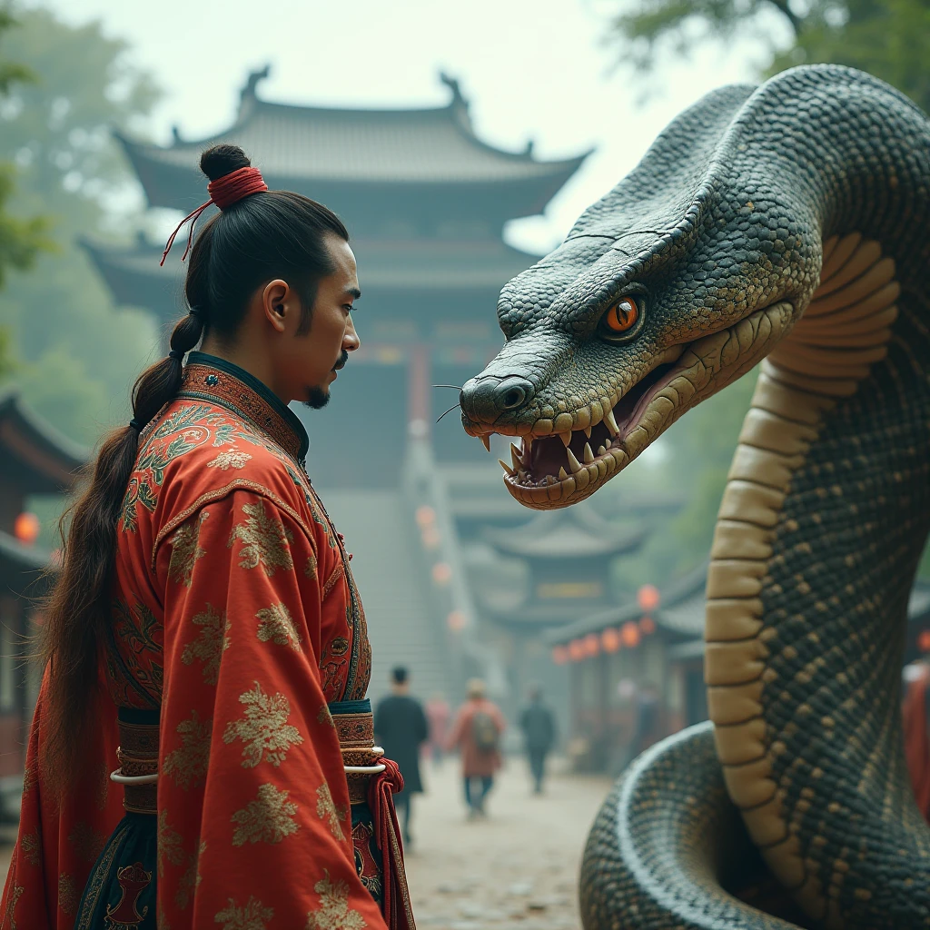 4k, extremely detailed wide view of amazing scene with detail, realistic, photo quality, man wearing chinese clothes face to face with a extremly giant snake, temple in the background, full shot, realistic, high quality, ultra detailed, colorful