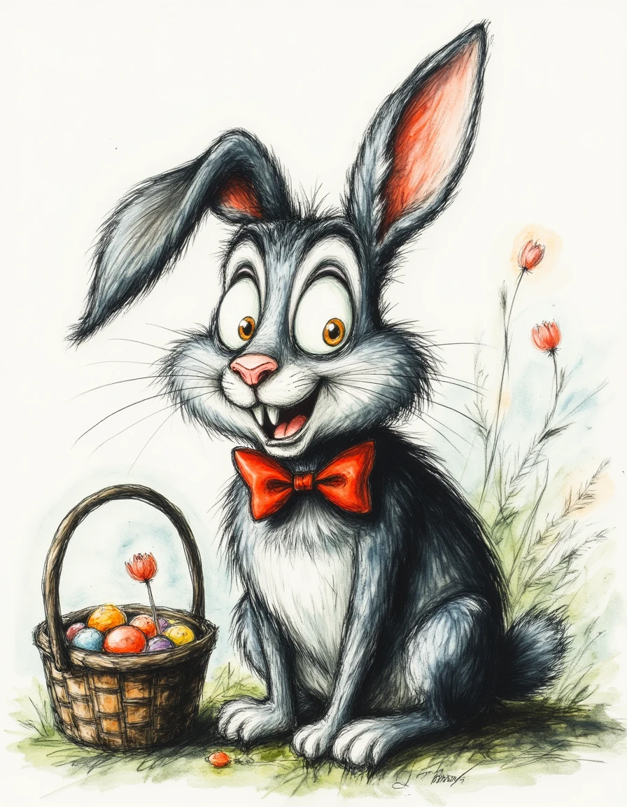 c4r1c4t8r3 A fluffy bunny with tiny, adorable fangs, wearing a red bowtie and sitting beside a small basket of candy. The bunnyâs ears are slightly flopped, Sweet and playful,
<lora:Fun_Caricature:0.8>