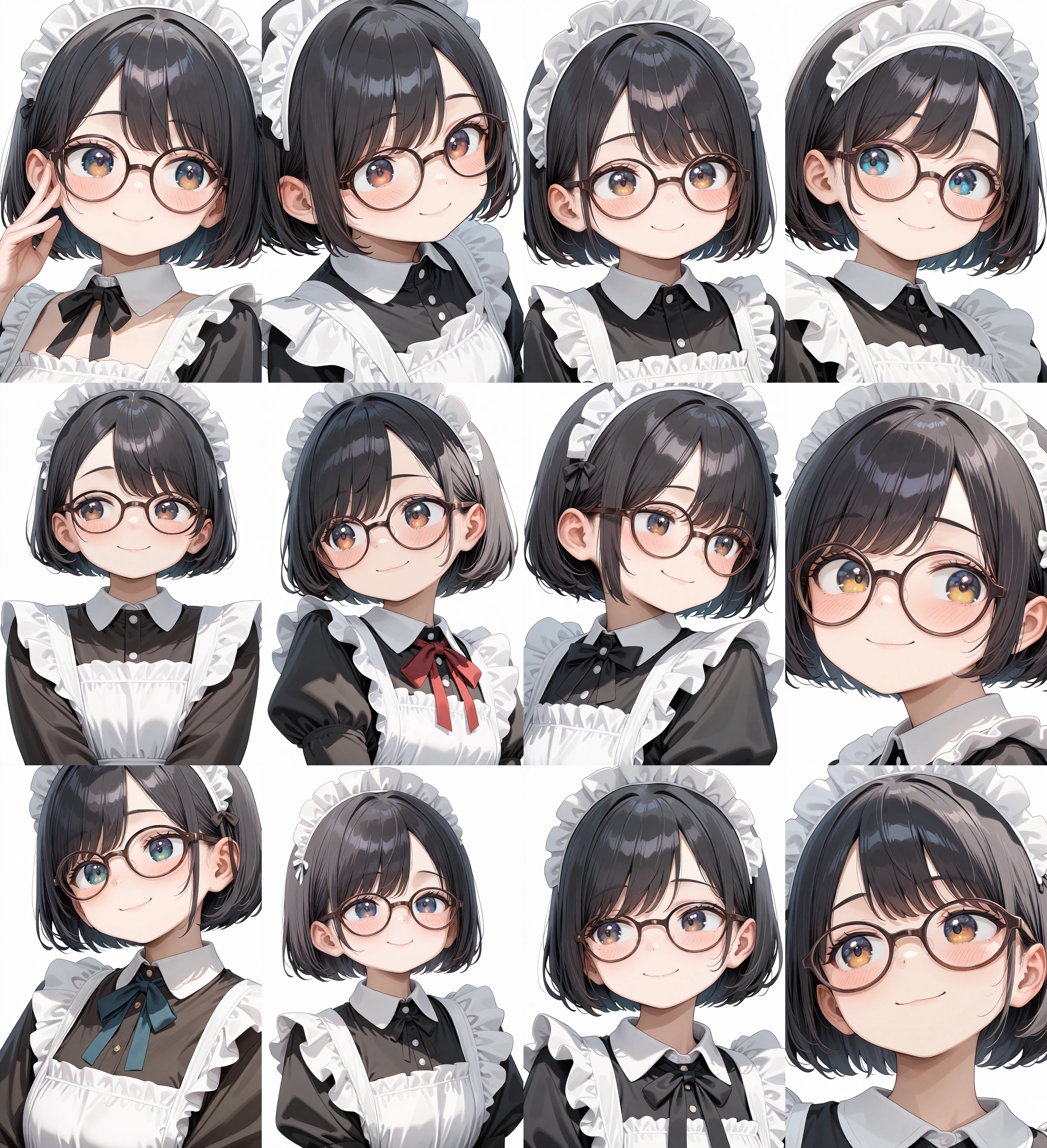 g-boston19s, glasses, brown-framed eyewear, eyewear,
1girl, solo, black hair, bob cut, swept bangs, maid headdress, maid dress, maid apron, smile, blush, looking at another,
simple background, white background, portrait, upper body,
masterpiece, best quality, amazing quality, very aesthetic, absurdres,
<lora:glasses_boston19s_Illustrious_V1L:1>