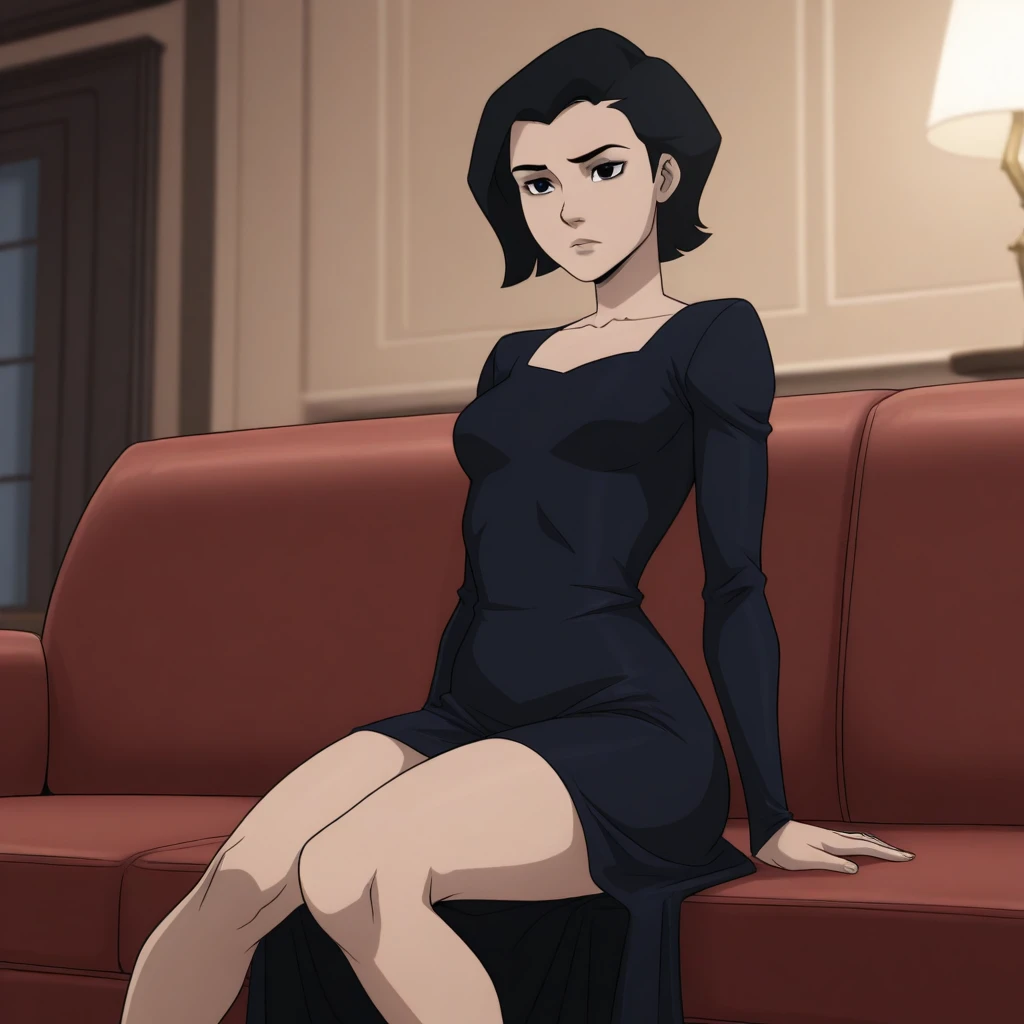 masterpiece, best quality, high quality, DCAMU, 1girl, solo, black hair, short hair, black eyes, dress, sitting on couch, indoors, <lora:DCAMU_Style_illustrious_Leaf1:1>,