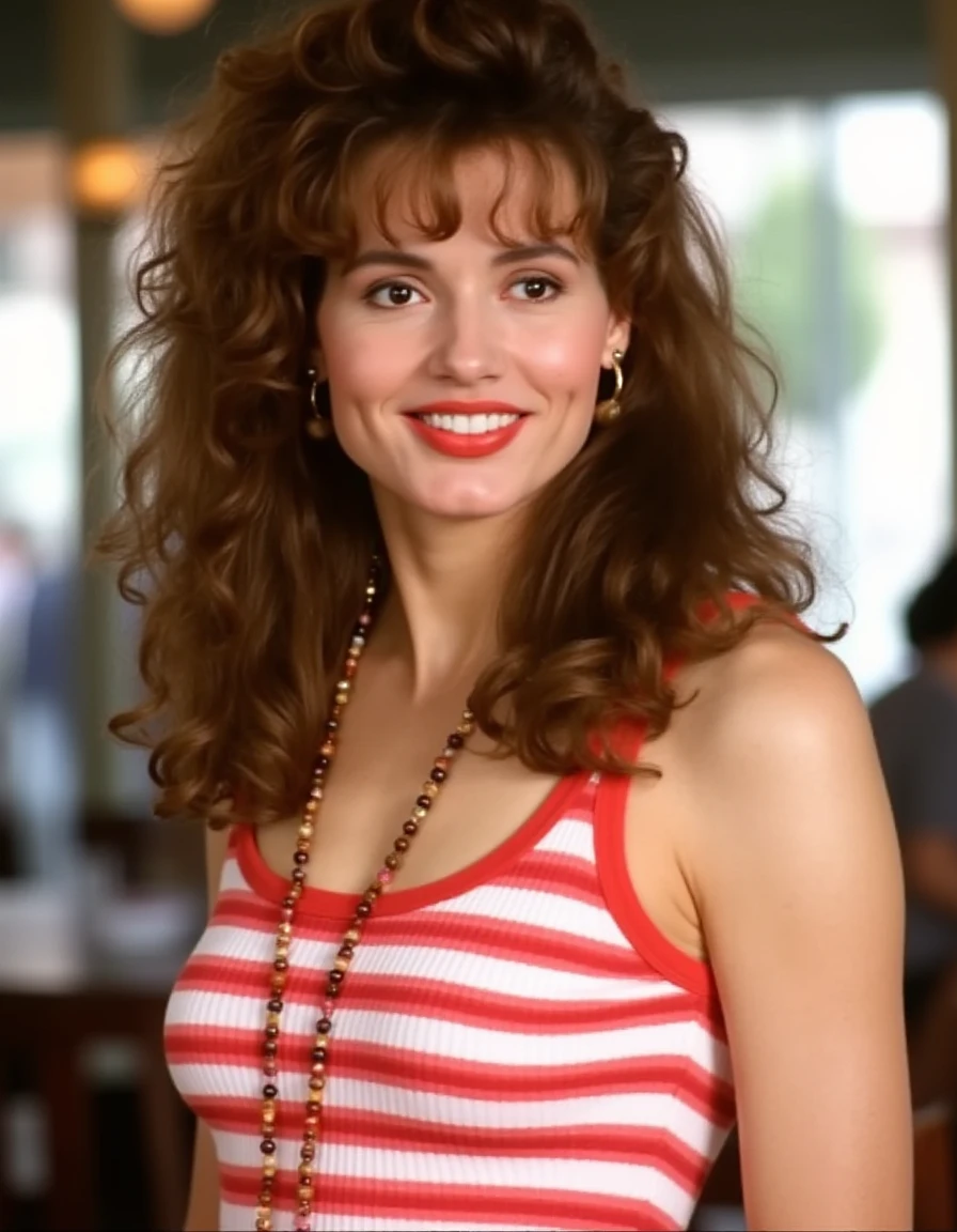 Raquel Welch dressed in a low-cut shirt and short skirt and smiling